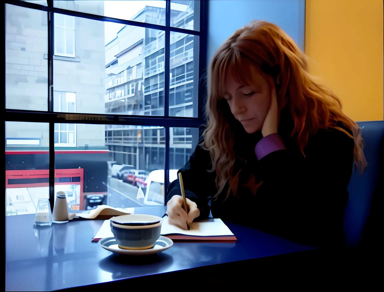 femme assise à une table écrivant dans un cahier avec une tasse de café, assis seul dans un café, dans un café, assis dans un café, assis seul dans un café, Image fixe de la vidéo, Mylene Farmer, Écrire dans un journal, mystérieuse fille de café, dans un café lumineux, Capture écran large, Pris avec un Pentax K1000