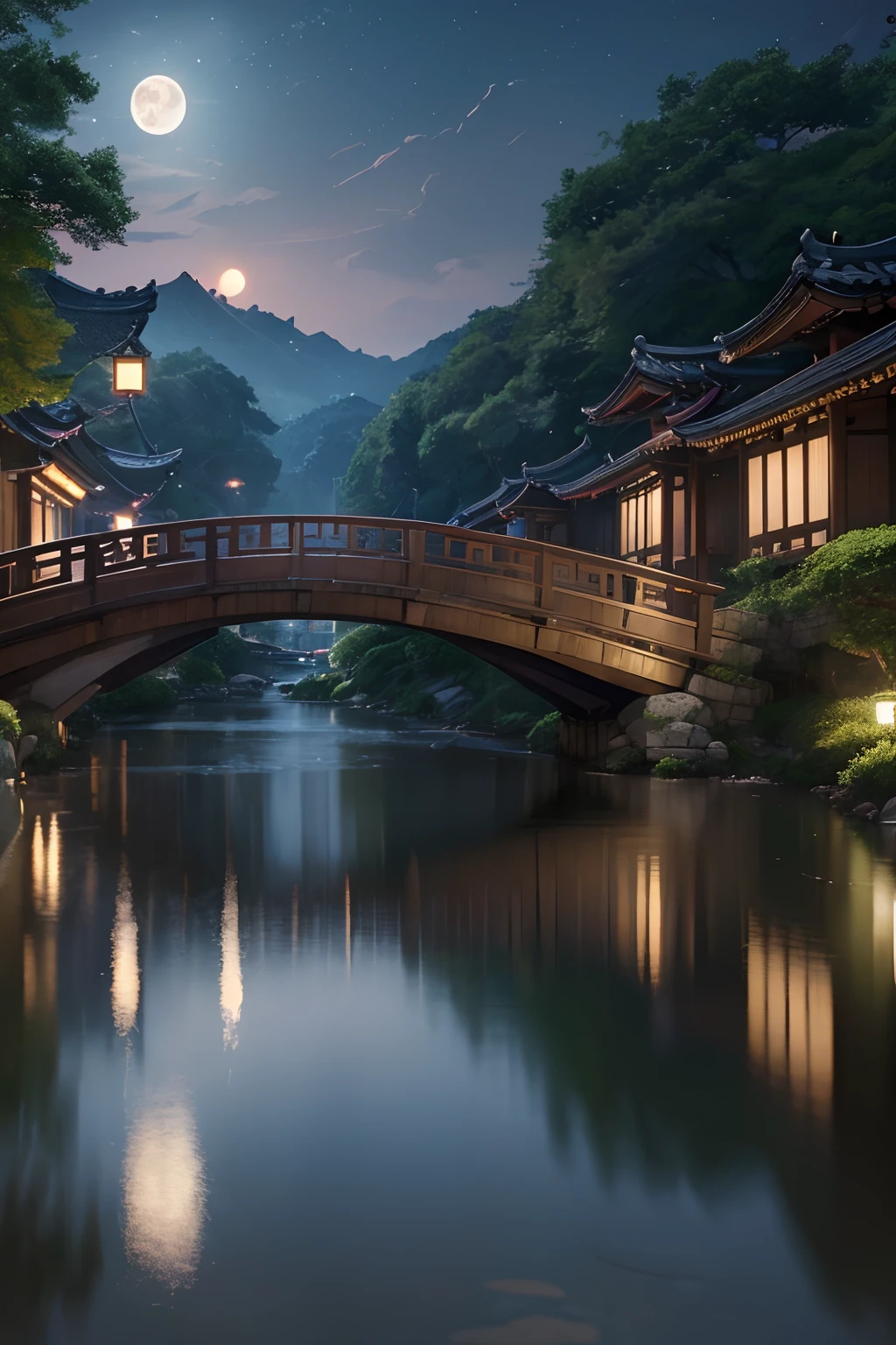 (masutepiece, Best Quality, Illustration, Fine detail), ((Very detailed CG Unity 8K wallpaper, High resolution)), High color saturation, low brightness, concept-art, ((unmanned)), (landscape), (small bridge flowing water), (Gangnam Water Town), skyporn, Night, (fullmoon), cloud, plein air, architecture, River, Suzhou Garden