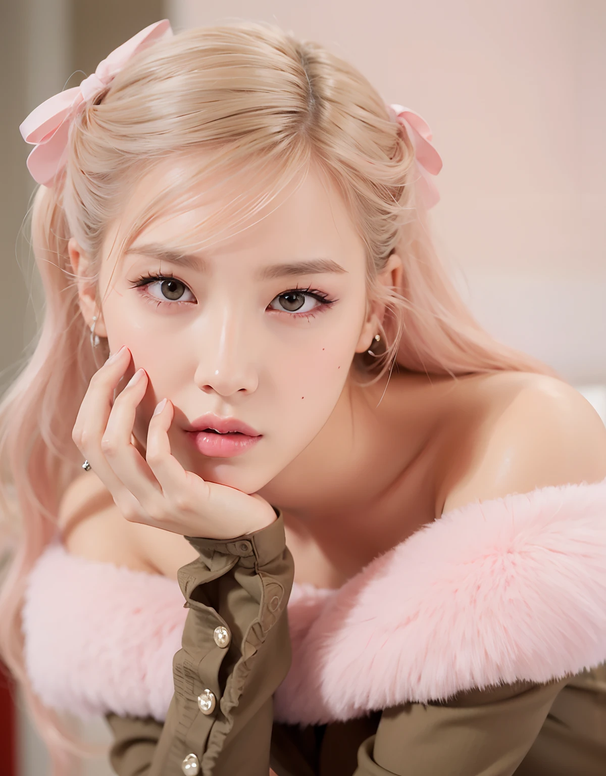 Blonde woman with pink hair and a pink bow posing for a photo, Parque Roseanne do Blackpink, Retrato de Jossi de Blackpink, Retrato Jisoo Blackpink, Portrait of female Korean idol, Jisoo do Blackpink, jisoo do blackpink, Lalisa Manoban do Blackpink, jossi do blackpink, tzuyu de duas vezes, foto retrato suave 8 k, Lalisa Manobal