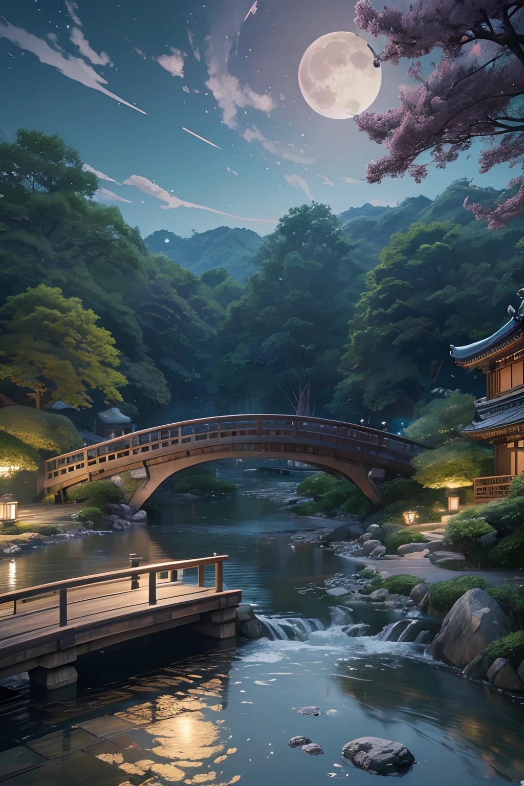 (masutepiece, Best Quality, Illustration, Fine detail), ((Very detailed CG Unity 8K wallpaper, High resolution)), High color saturation, low brightness, concept-art, ((unmanned)), (landscape), (small bridge flowing water), (Gangnam Water Town), skyporn, Night, (fullmoon), cloud, plein air, architecture, River, Suzhou Garden