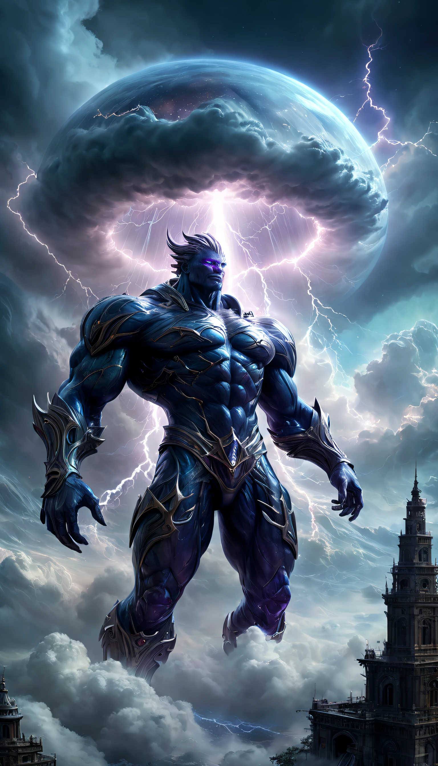 (的数字艺术),DonMC3l3st14l3xpl0r3rsXL城市,emerging,cloud giant,giant creature,stormy sky,dramatic lighting,unique perspective,ethereal,overwhelming presence,intricate details,majestic,imposing stature,dynamic pose,muscular physique,rays of sunlight piercing through the clouds,ominous atmosphere,giant hands enveloping the sky,towering over the landscape,deep shadows and highlights,impressive scale,atmospheric perspective,soft edges,subtle gradients,mysterious aura,awe-inspiring, intricacies,colorful hues blending seamlessly,rippling muscles,billowing clouds,tendrils of mist,enchanting scene,humid air,magical realism,mythical creature,evokes a sense of wonder,imagination unleashed.((best quality,highres,masterpiece:1.2,ultra-detailed,realistic:1.37)).A sudden flash of lightning lit everything up for a second,He was struck by lightning and killed.