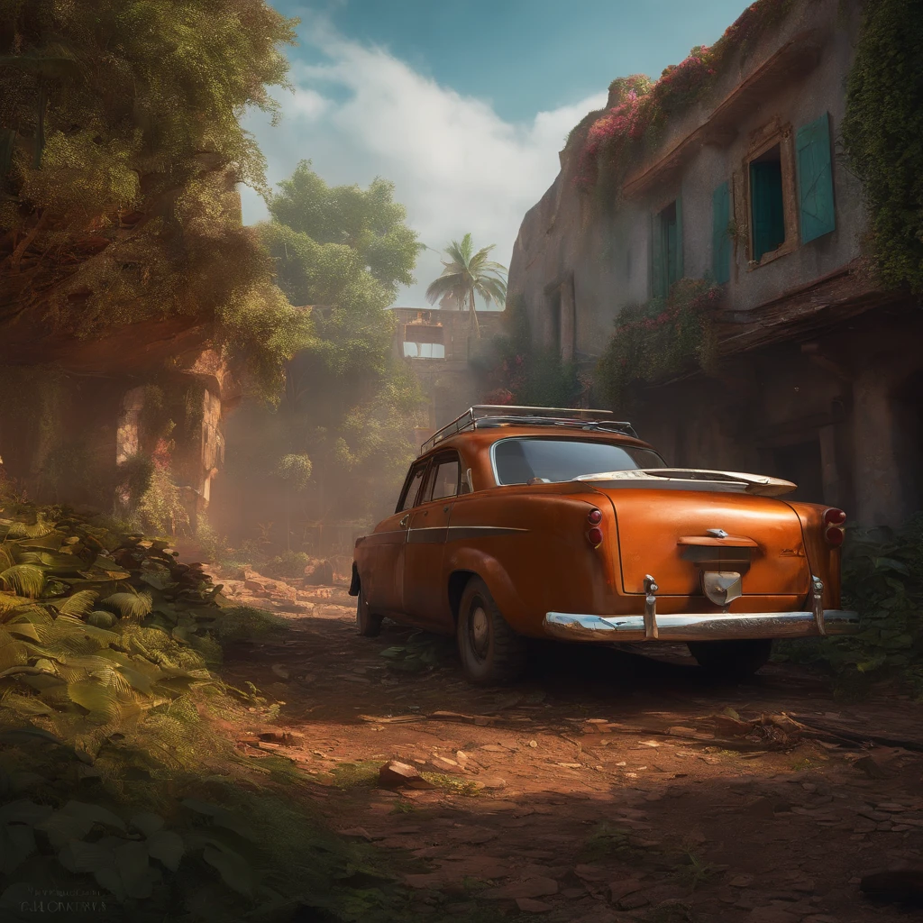 Carro velho enferrujado em blocos com um barraco de madeira com um telhado de chapa de metal ao fundo. Por Pascal Blanche, Neil Blevins, Thomas Kinkade, apocalyptic color palette, trending on ArtStation, fotorrealista, Atmosfera Neon, ultra detalhado, High definition, profundidade de campo, Bokeh, escombros, wild vegetation, building crumbling