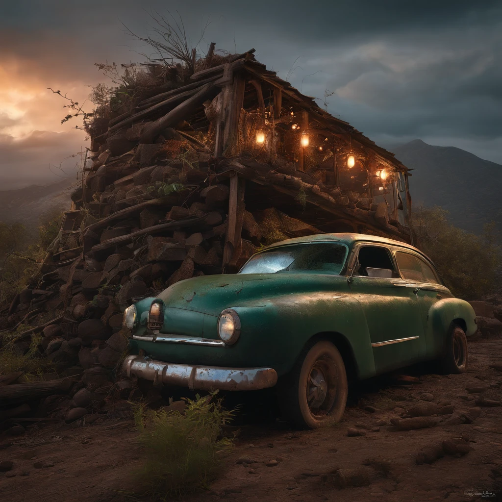 Carro velho enferrujado em blocos com um barraco de madeira com um telhado de chapa de metal ao fundo. Por Pascal Blanche, Neil Blevins, Thomas Kinkade, apocalyptic color palette, trending on ArtStation, fotorrealista, Atmosfera Neon, ultra detalhado, High definition, profundidade de campo, Bokeh, escombros, wild vegetation, building crumbling
