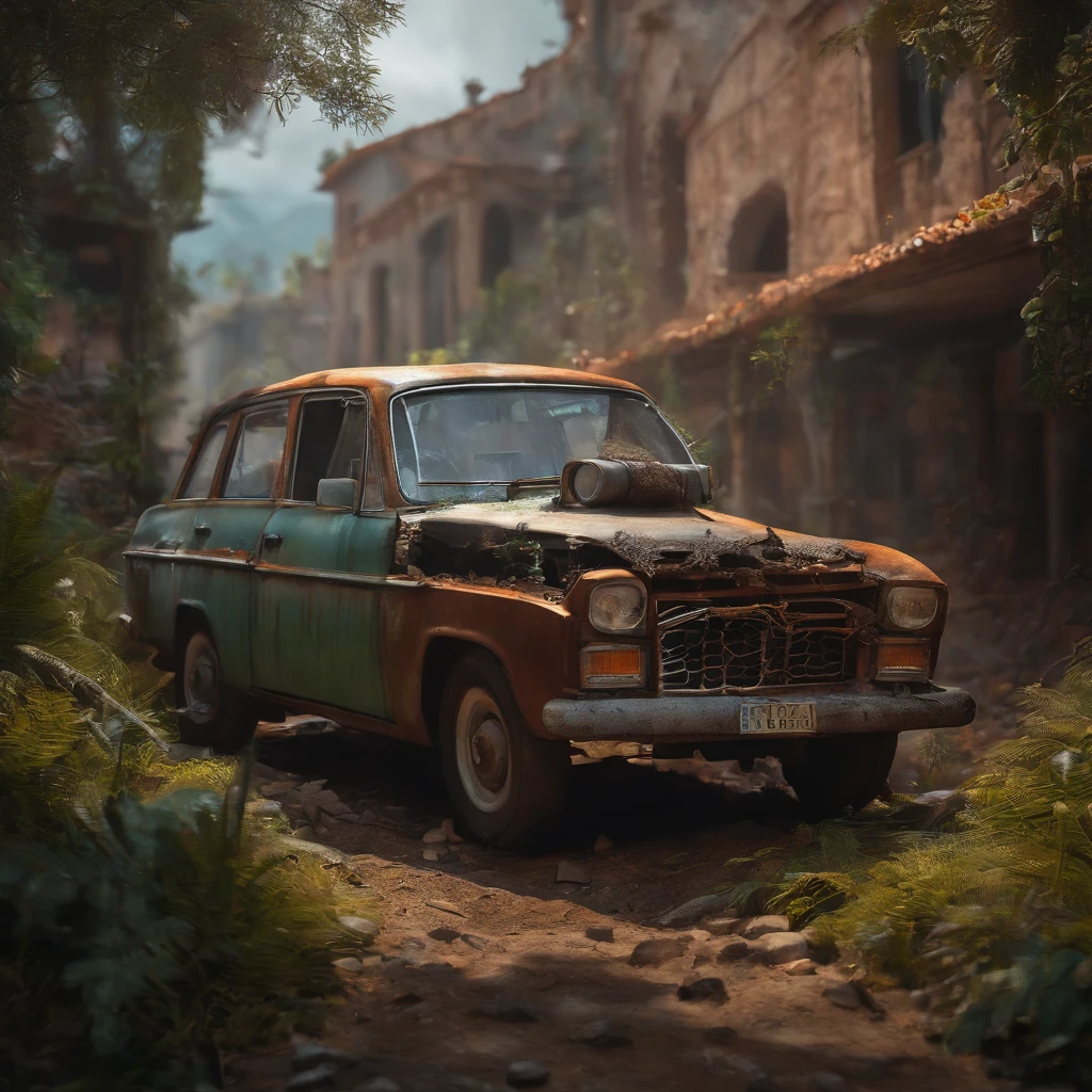 Carro velho enferrujado em blocos com um barraco de madeira com um telhado de chapa de metal ao fundo. Por Pascal Blanche, Neil Blevins, Thomas Kinkade, apocalyptic color palette, trending on ArtStation, fotorrealista, Atmosfera Neon, ultra detalhado, High definition, profundidade de campo, Bokeh, escombros, wild vegetation, building crumbling
