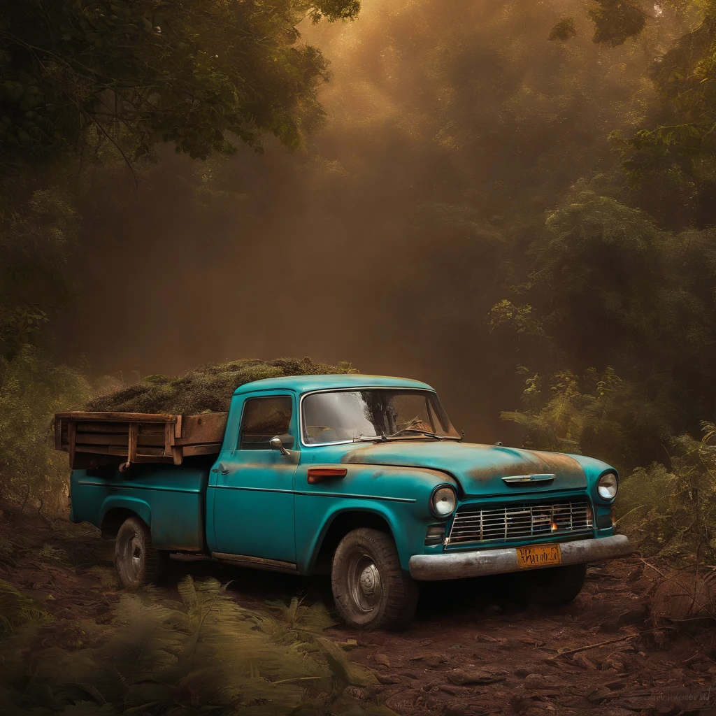 Carro velho enferrujado em blocos com um barraco de madeira com um telhado de chapa de metal ao fundo. Por Pascal Blanche, Neil Blevins, Thomas Kinkade, apocalyptic color palette, trending on ArtStation, fotorrealista, Atmosfera Neon, ultra detalhado, High definition, profundidade de campo, Bokeh, escombros, wild vegetation, building crumbling
