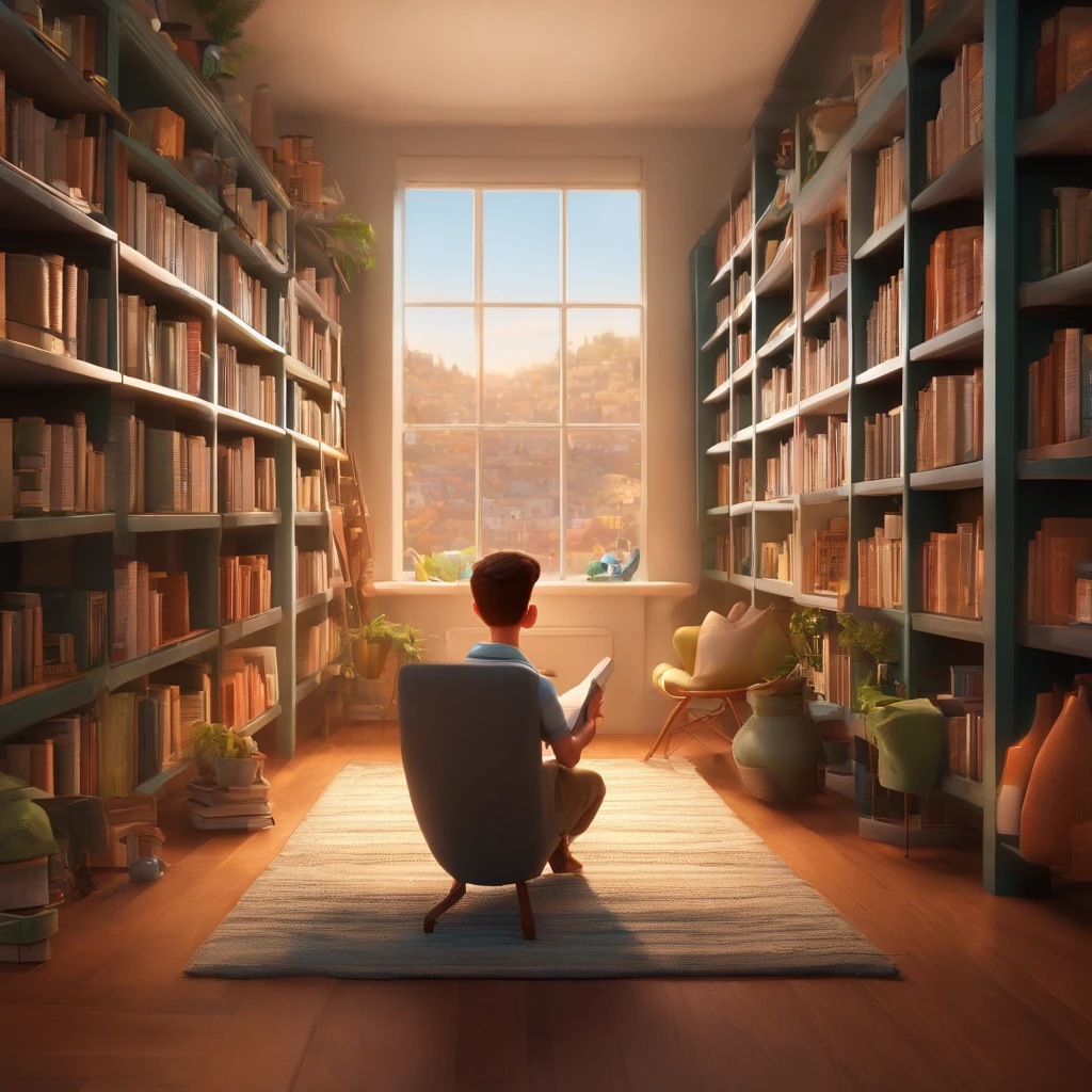 fundo branco, pixar desenhos animados 3D, homem lendo um livro, ::estilo pixar cartoon