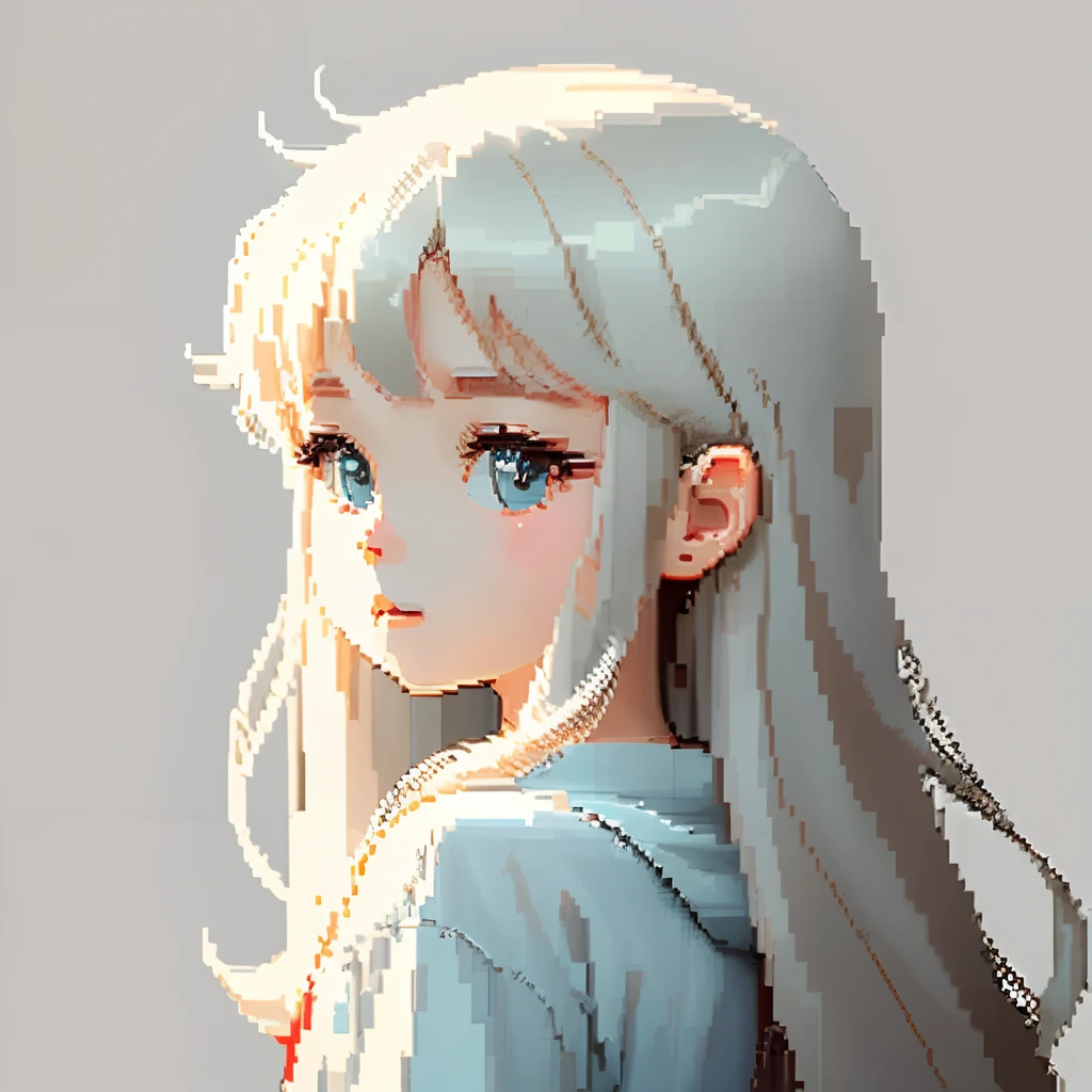 He was dressed in light clothes, Gothic white and pale light blue dull outfit、Girl with long hair of dull light cocoa color、Look back and look at this.、Pixel art、Pixel Art Illustration、pixels、Retro Game Style、Upper body、For icons、pixels_Art Book,Composition centered on the face、