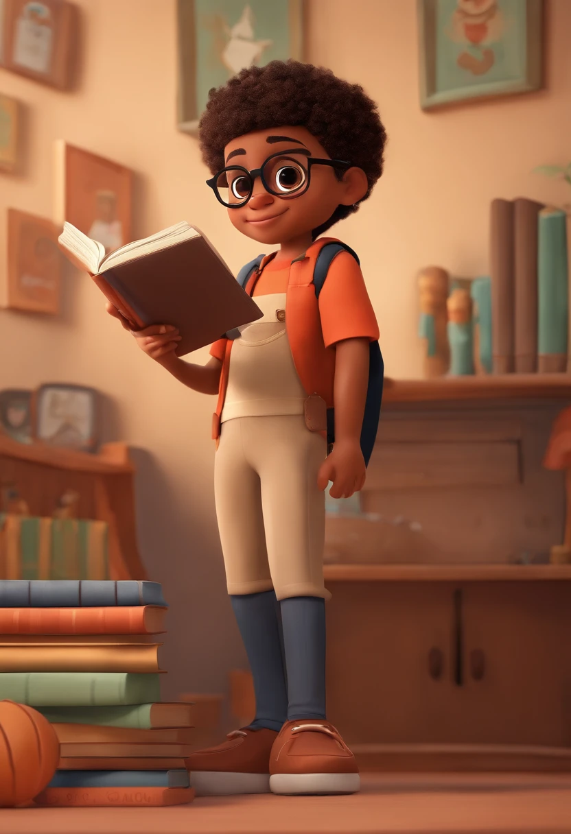 Image of a boy for a story in a YouTube video in Pixar format, He's the little allabester, He's the class leader, He's outgoing, Playful and gets up for a lot of things, cabelo raspado bem curto preto, oculos redondo, with book in hand, olhos castanhos