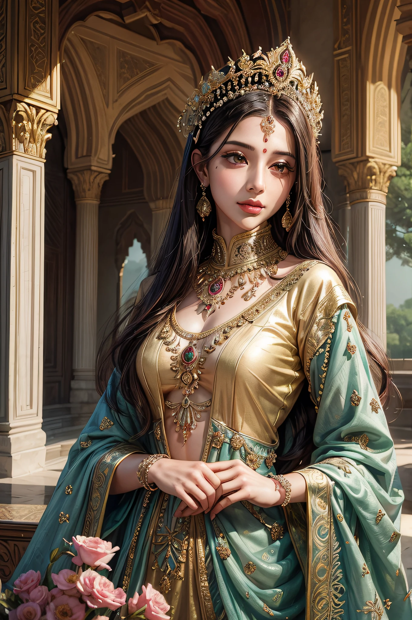 Dara Shikoh, beautiful detailed eyes, beautiful detailed lips, extremely detailed eyes and face, long eyelashes, elegant appearance, royal clothing, confident expression, standing in a lush palace garden, surrounded by colorful, fragrant flowers, glistening marble flooring, intricate carved pillars, soft golden sunlight streaming through the arched windows, creating a warm and serene atmosphere, reflecting on his enlightened and intellectual persona, oil painting, high resolution, vivid colors, masterful brushstrokes, capturing the essence of regality and opulence of the Mughal era, combining realism and romanticism, portrait, rich color palette with deep jewel tones, mesmerizing interplay of light and shadow, expressing a sense of tranquility and contemplation, enchanting and mystical ambiance.