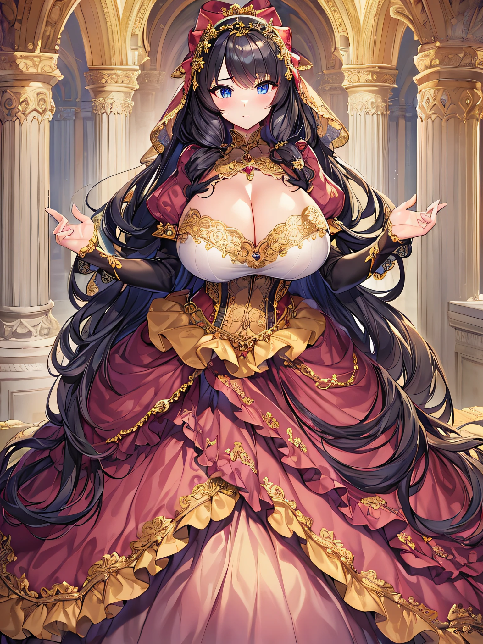 best quality, masterpiece, best definition, artwork, super detailed, many details, details, detailed,woman,((one princess)), full body, full body,((very gigantic boobs)),cleavage,Skindentation,(((absurdly long Hair,Straight Hair))),super detailed gorgeous ballgown with voluminous full length hoop skirt,gorgeous rococo ballgown with big bows,gorgeous rococo ballgown with big bows,gorgeous rococo ballgown with beautiful embroidery and jeweled,ruffles,whole body,
