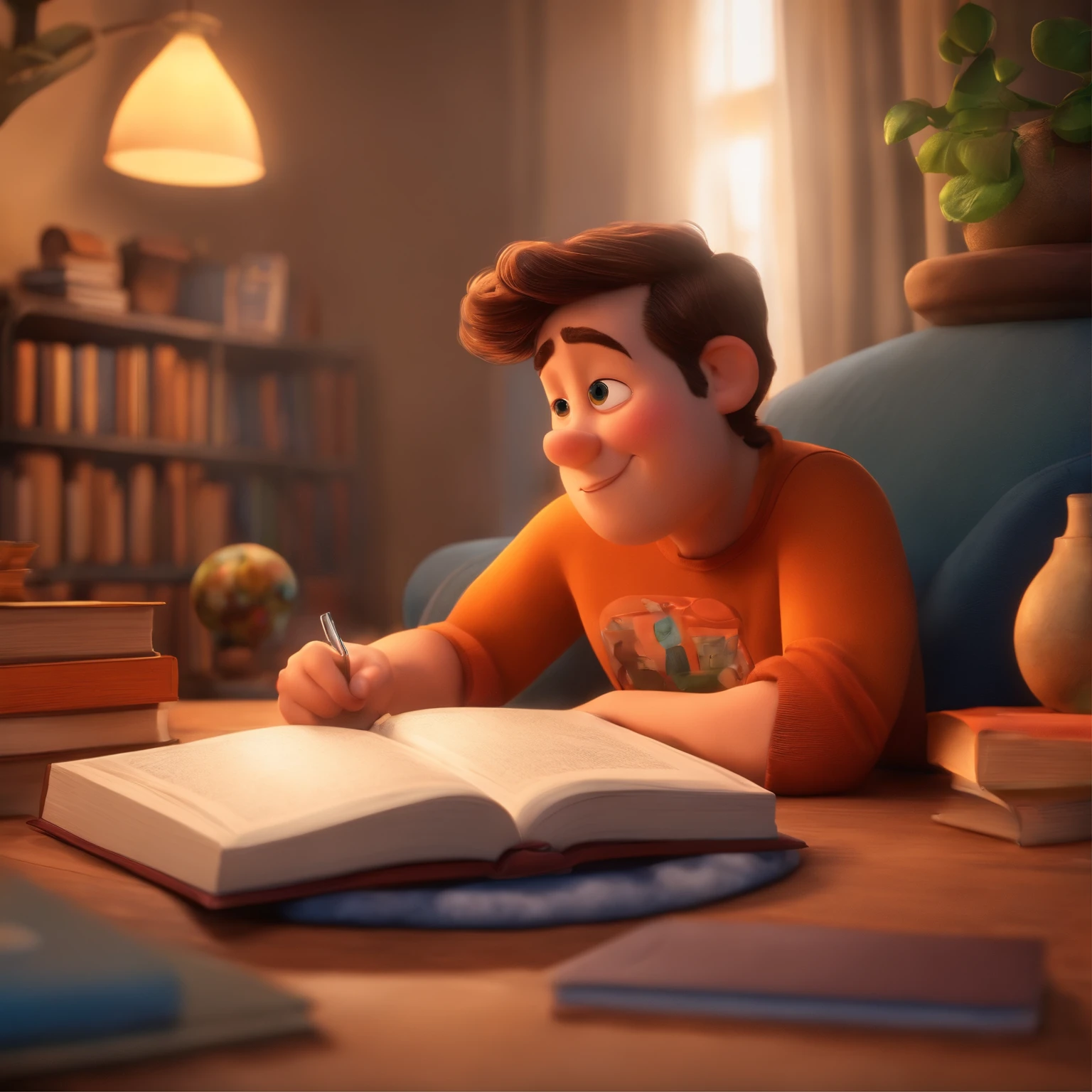 fundo branco, pixar desenhos animados 3D, homem lendo um livro, ::estilo pixar cartoon