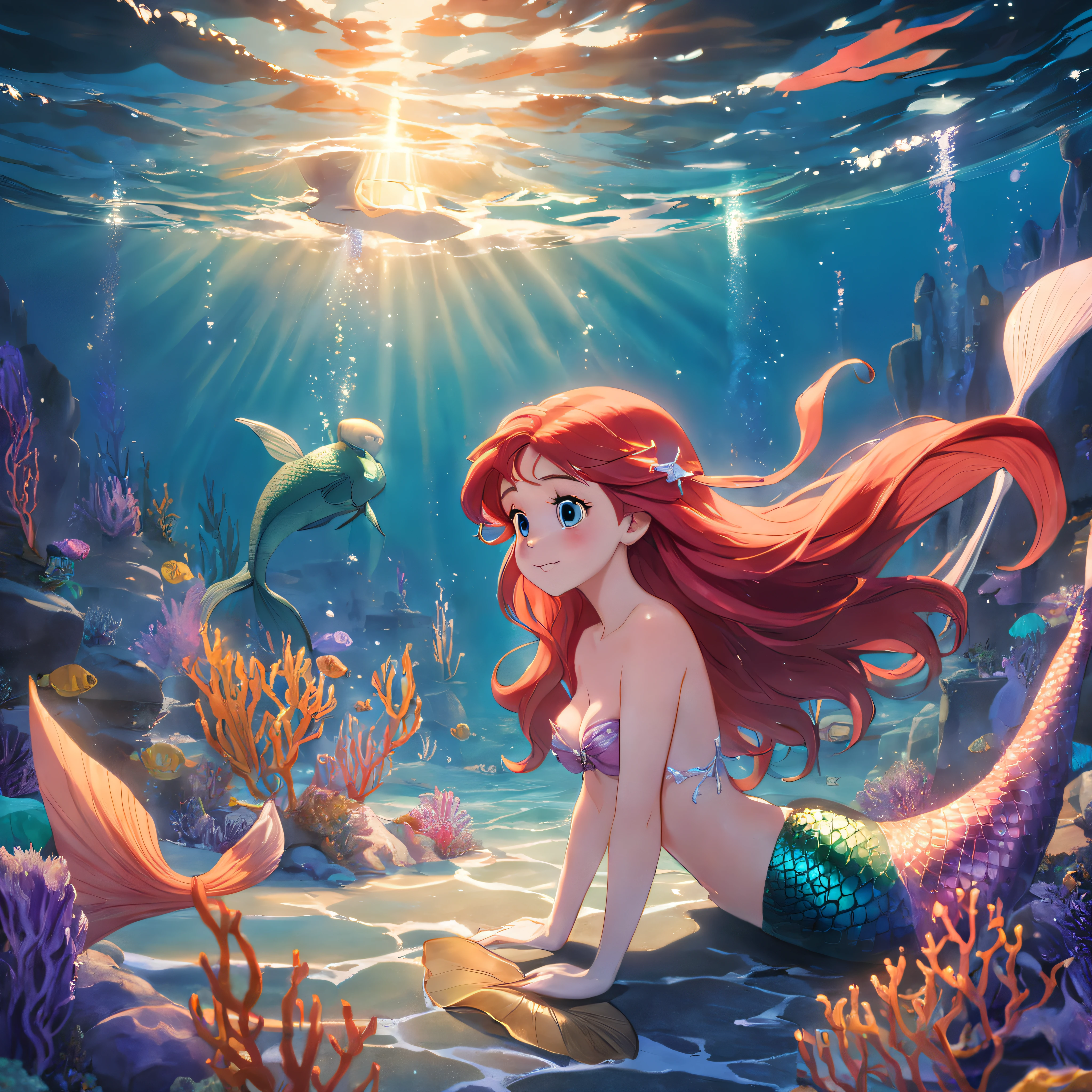 obra maestra, mejor calidad, Still film, mermaid ariel in the sea, primer plano, brillante, feliz, soft warm lighting, puesta de sol (chispas: 0,7)