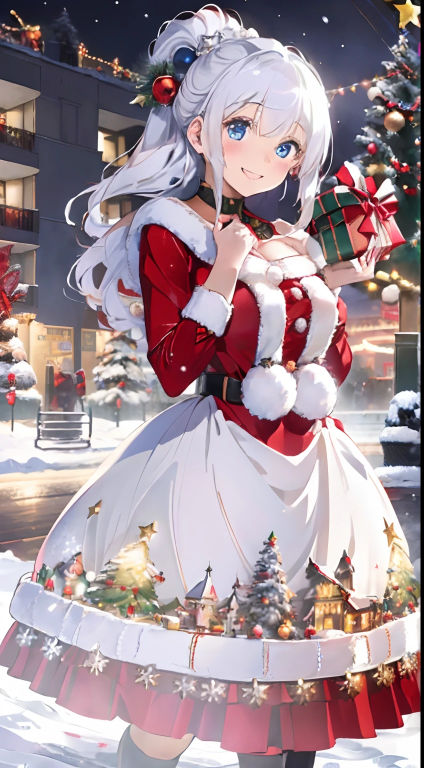 Christmas,Snowy cityscape in winter,Beautiful illumination,Santa Claus in a voluminous luxurious dress,white  hair,Blue eyes,There are many ornaments and gifts around,Happy smile,