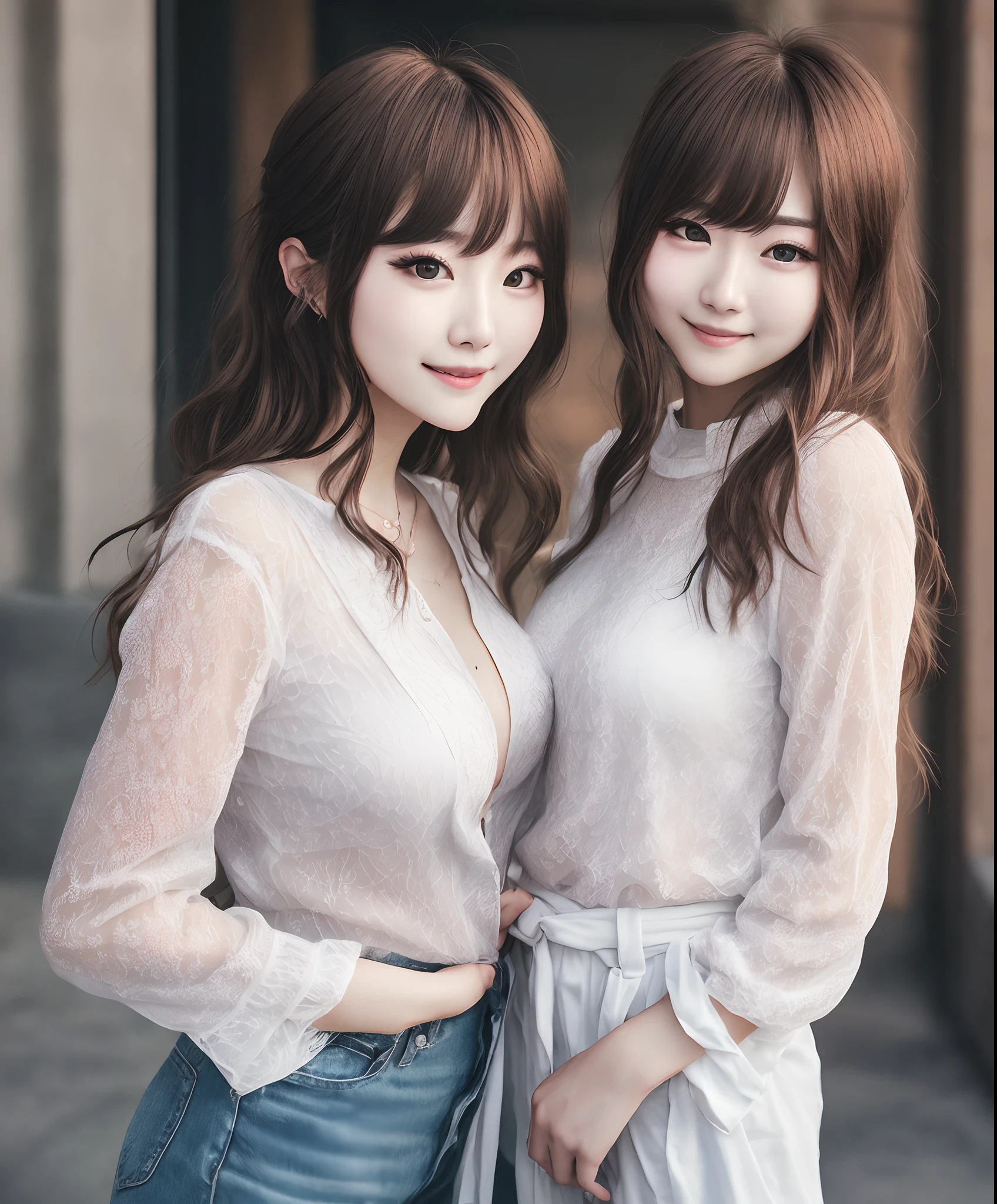White see-through blouse,Face Interview, (Photo Real:1.4), (hyper realisitic:1.4), (realisitic:1.3), (Smooth lighting:1.05), (Improve video lighting quality:0.9), 1womanl, a 20 yo woman, Realistic lighting, Back lighting, Facial light, raytrace, (cheerfulness:1.2), (Improved image quality:1.4), (Finest Real Textured Skins), finely eye, a small face, Red cheeks, skinny body, medium-breasted pointed jaws,,,,,,, Korean Idol, Nogizaka Idol, glowy skin, hposing Gravure Idol, P, Blunt bangs, light brown hair, hair behind ear, hair over shoulder, Long hair,Tear bag,。Kuroko under the eyes、Old Western-style building、