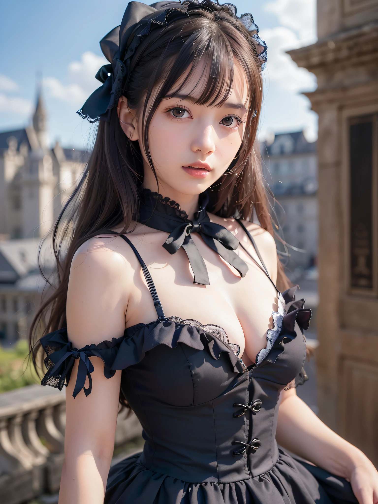(Realistic, Photorealsitic:1.37), unbelievable Ridiculous, (Insanely detailed:1.3), 8K, (masutepiece), (Best Quality:1.4), (超A high resolution:1.2), (Raw photo:1.2), hyper detailed background, (Unity 8k壁纸), 1 nogizaka girl, utterly cute, a beauty girl, (), (gothic lolita frilled dress), (delicate detailed beautiful frilled dress), (an exquisitely detailed and beautiful face and eyes and skin), (elegant frills), (frilled tie), (Ribbon tie), (hair accessory with blue rose), medium breasts, cleavage, Open chest, (detailed black shine hair), (Smile at the camera), Cowboy Shot, castles scenery in europe, Professional Lighting