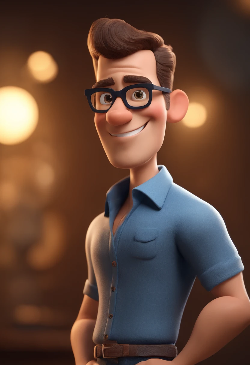 Cartoon character of a man with black glasses and a blue shirt, animation character, Caractere estilizado, animation style rendering, 3D estilizado, Arnold Maya render, 3 d render stylized, toon render keyshot, Personagem 3D, Personagem 3D, 3d rendering stylized, 3 d character render, personagem de desenho animado, Personagem de close up, Pose de personagem,  (Estilo Pixar) (master part:1.2) (Bokeh) (best quality) (pele detalhada) (textura detalhada) (8k) (argila) (Cinematic lighting) (foco nítido