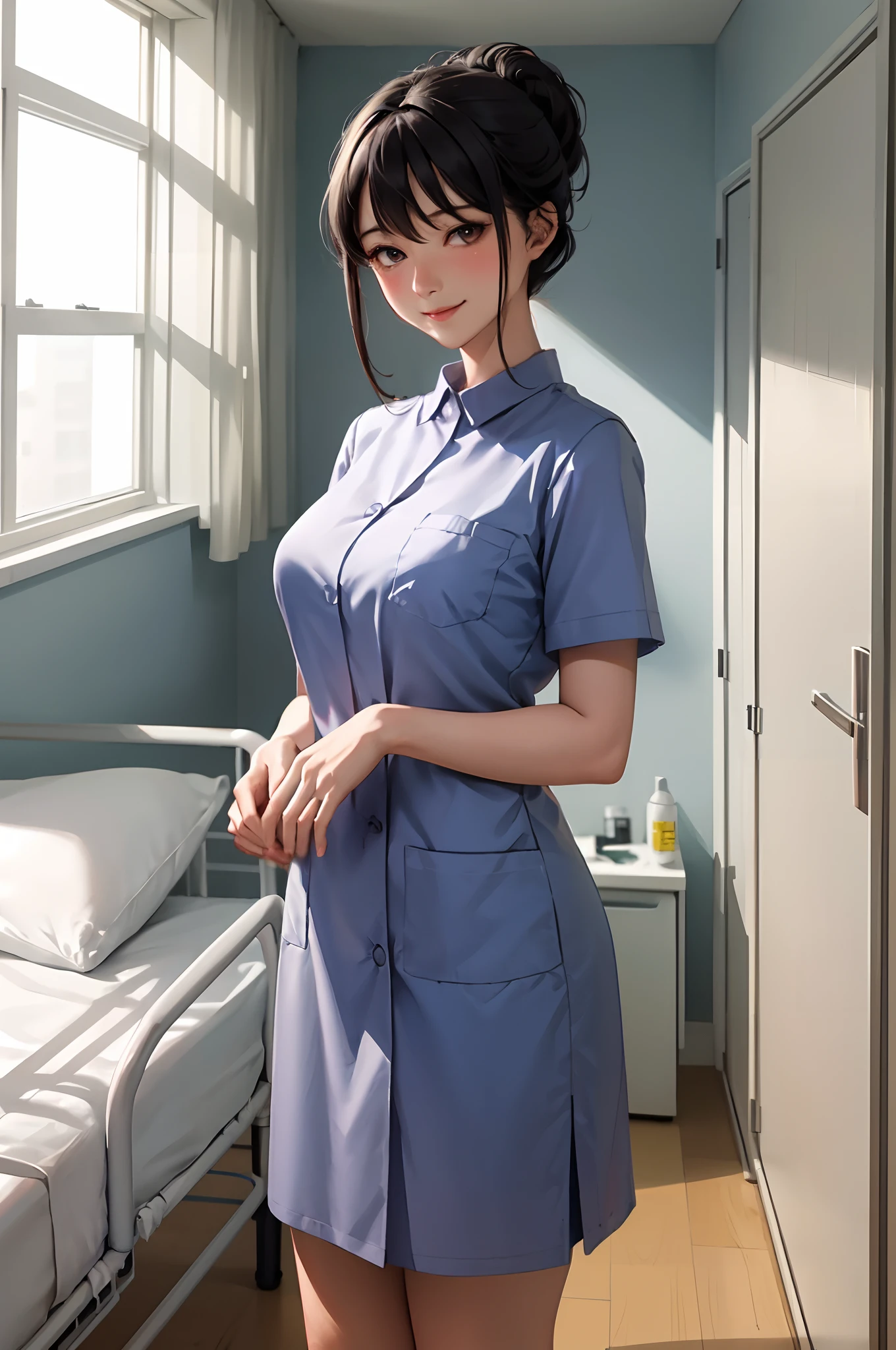 1lady standing next to the bed, nurse, /(nurse uniform/), /(black hair/) hair up, blush kind smile, (masterpiece best quality:1.3) delicate illustration ultra-detailed, large breasts arms down BREAK /(hospital patient room/) patient's bed /(window tree/)