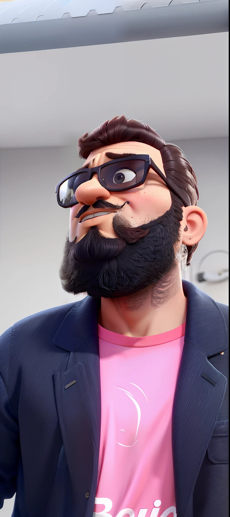 (homem moreno , de cabelo preto , grande na parte de cima, baixo na lateral, sunglasses, barba grande estilo lenhador,barba por Fazer, graves, com estilo misterioso, usando jaqueta jeans preta, e blusa branca, boca um pouco carnuda) no estilo Disney Pixar, alta qualidade, melhor qualidade.