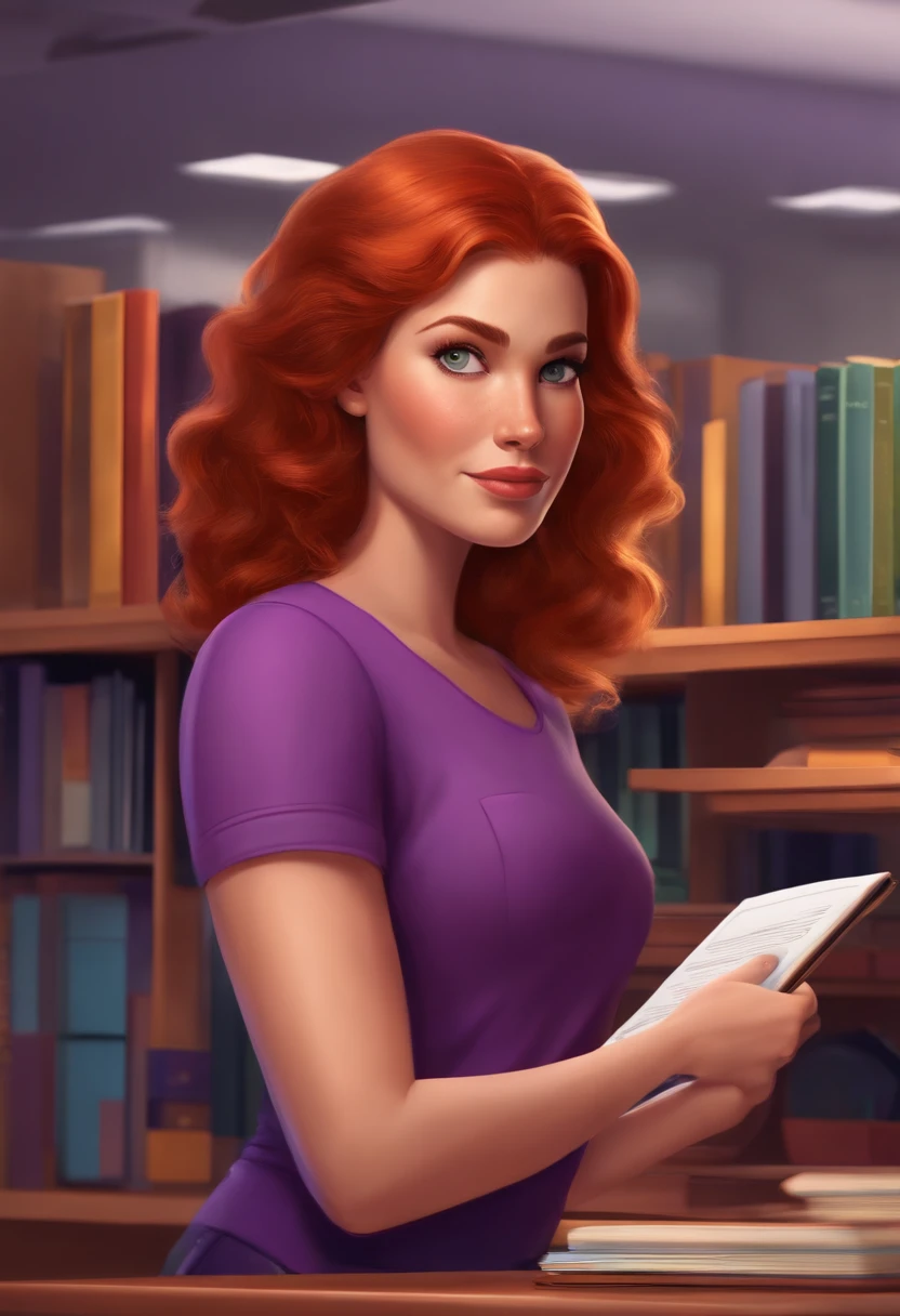 Pixar Woman , realistic character, redhead hair , brown eyes, purple T-shirt , with another female working in a office with a bookshelf in the background
