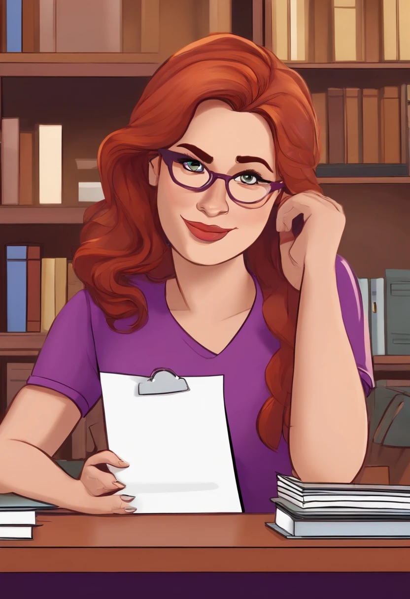 Pixar Woman , realistic character, redhead hair , brown eyes, purple T-shirt , with another female working in a office with a bookshelf in the background