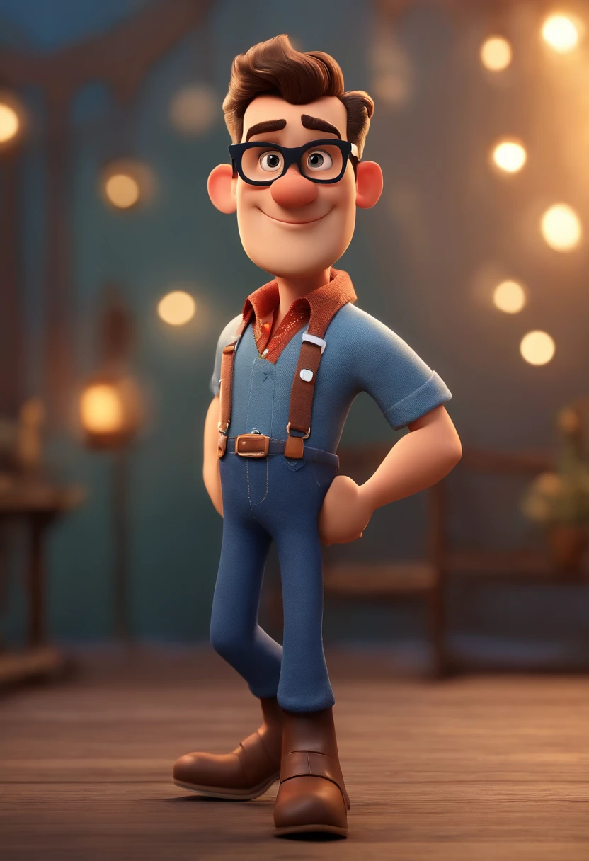 Cartoon character of a man wearing black glasses and a blue shirt, um personagem animado, Caractere estilizado, animation style rendering, 3D estilizado, Arnold Maya render, 3 d render stylized, toon render keyshot, Personagem 3D, Personagem 3D, 3d rendering stylized, 3 d character render, personagem de desenho animado, Personagem de close up, Pose de personagem, (Estilo Pixar) (master part:1.2) (Bokeh) (best quality) (pele detalhada) (textura detalhada) (8k) (argila) (Cinematic lighting) (foco nítido，Senta e vaza a parte superior do corpo