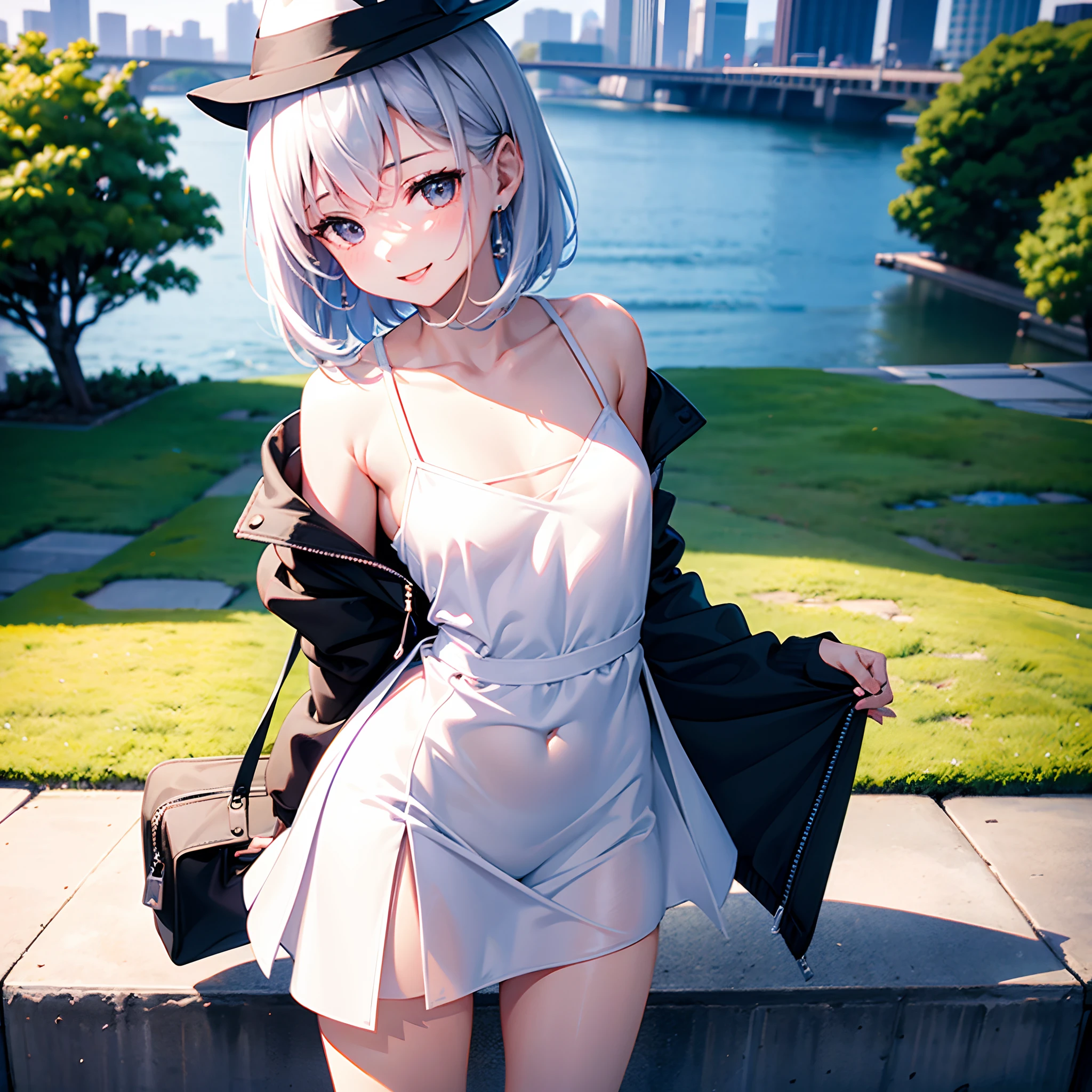 Exposure in a park on the Sumida River in Japan、white t-shirt、a black skirt、beautiful thigh、Beautiful calves、White medium shorthair with blue-purple mesh、Looking at me with a smile、Black sneakers with white shoelaces、Large witch hat with sapphire accessories、Dark brown eyes with highlights、Crisp and slightly pinched eyes、27-year-old woman with small breasts、small tits、Small、discreet breasts、street snap、Sheer feeling、Beautuful Women、Looking at me with a smile、She is wearing an ivory zip-up hoodie with the zipper down and the front open、Black long coat、Black miniskirt、White inner camisole