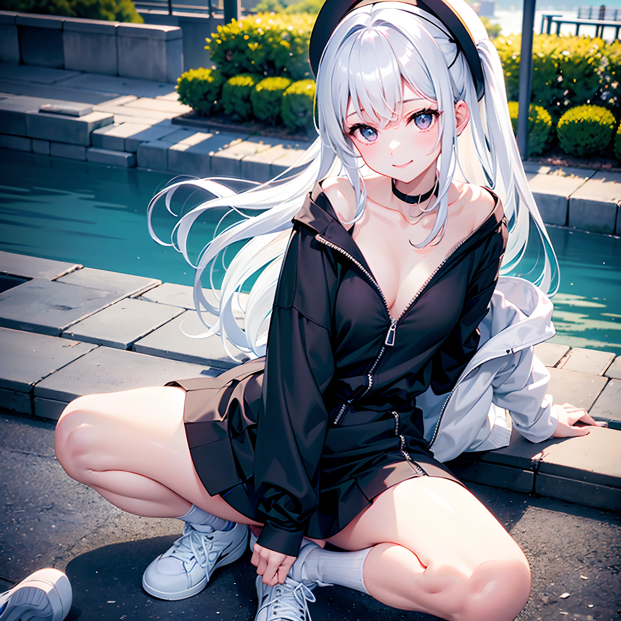 Exposure in a park on the Sumida River in Japan、white t-shirt、a black skirt、beautiful thigh、Beautiful calves、White medium shorthair with blue-purple mesh、Looking at me with a smile、Black sneakers with white shoelaces、Large witch hat with sapphire accessories、Dark brown eyes with highlights、Crisp and slightly pinched eyes、27-year-old woman with small breasts、small tits、Small、discreet breasts、street snap、Sheer feeling、Beautuful Women、Looking at me with a smile、She is wearing an ivory zip-up hoodie with the zipper down and the front open、Black long coat、Black miniskirt、White inner camisole