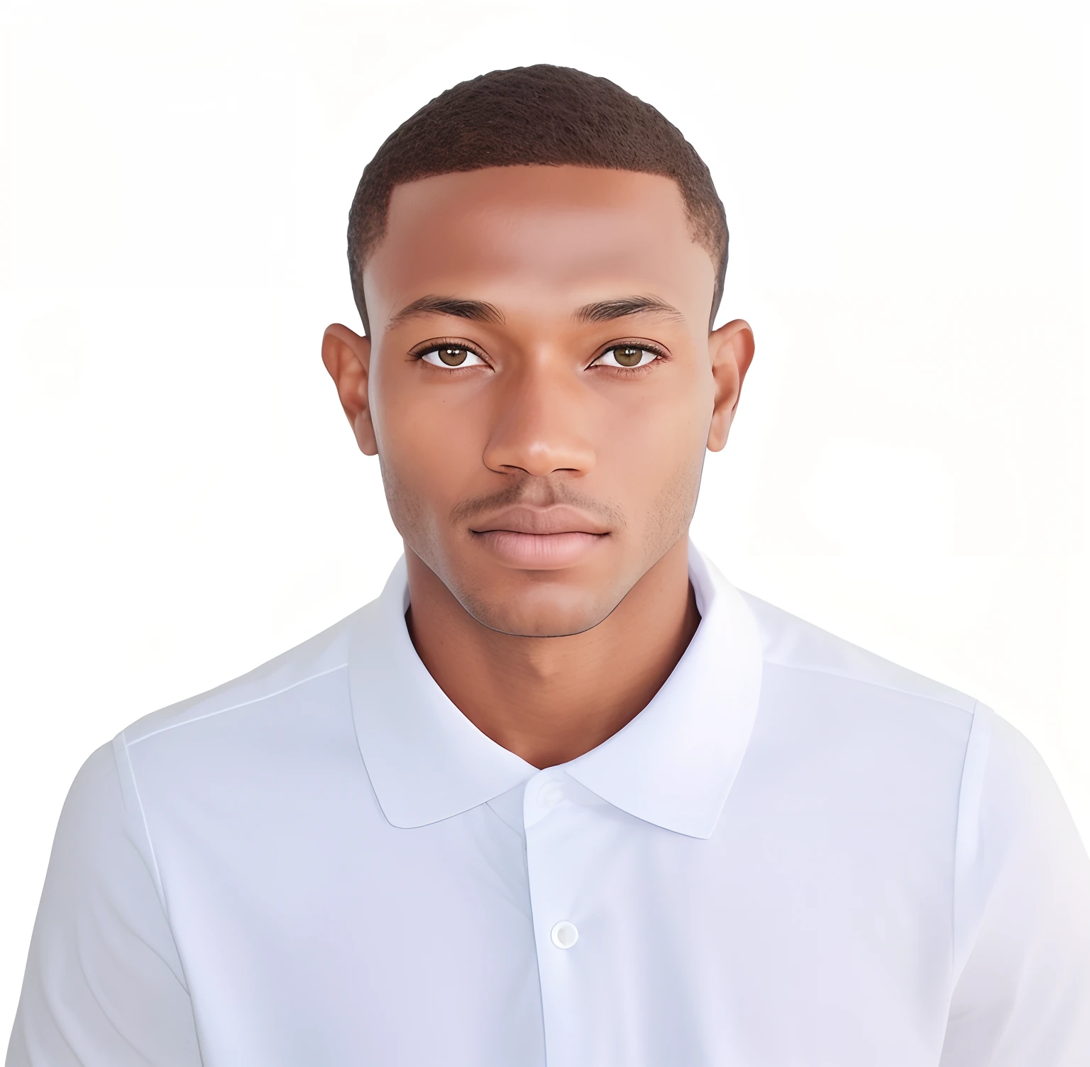 PIXAR STYLE 3D POSTER, um jovem angolano de vinte anos, pele clara, cabelo muito curto, Wearing a white three-button shirt, posando para um retrato. Ele fica diante de um fundo branco, that emphasizes your attire and appearance. O homem parece estar bem vestido e confiante, possivelmente para um evento formal ou ambiente profissional. with a straight face.