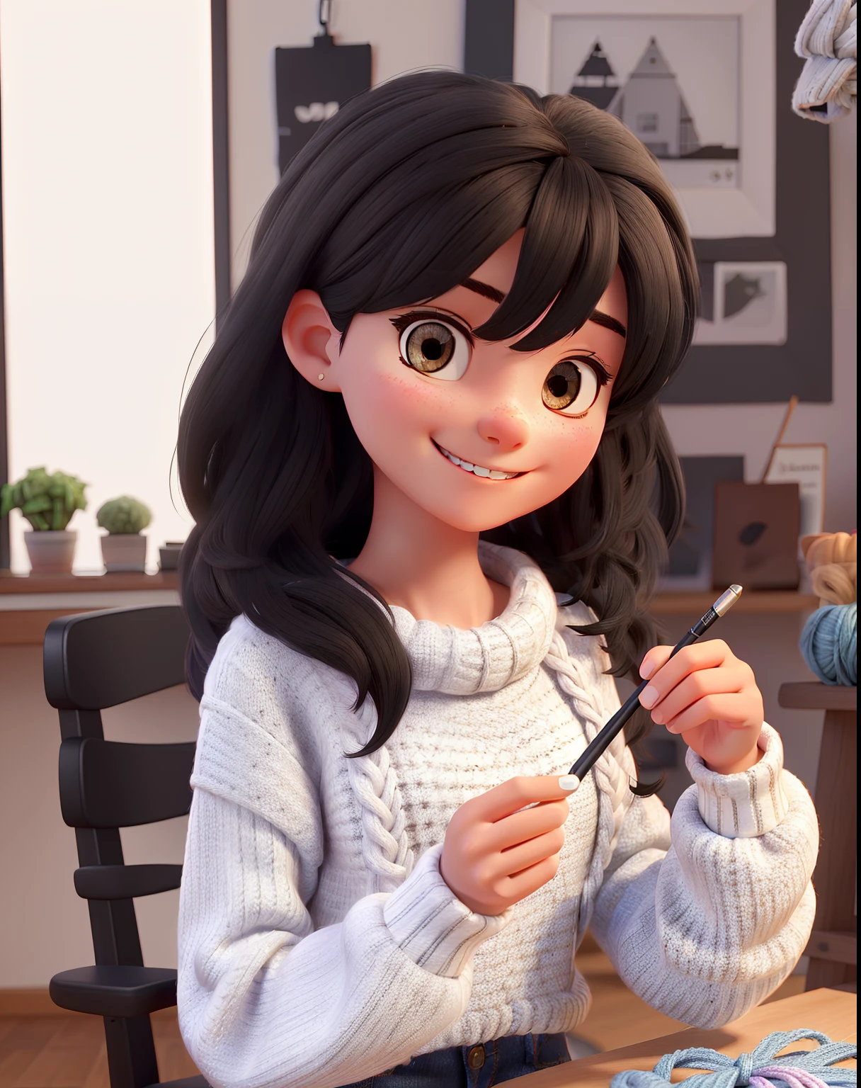(best quality, highres),beautiful girl with medium straight black hair,dark eyes,wearing jeans and white knitted sweater,smiling while crocheting in her studio