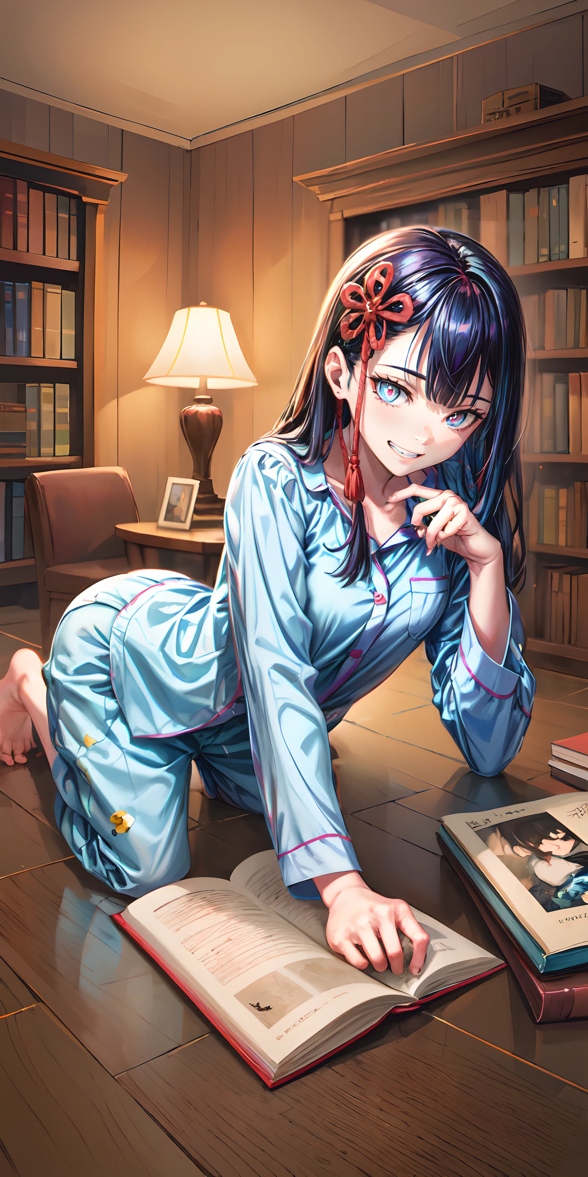(best quality,4k,8k,highres,masterpiece:1.2),ultra-detailed,(realistic,photorealistic,photo-realistic:1.37),Wearing sexy pajamas,graceful figure,coquettish,detailed eyes and face,longeyelashes,steamy atmosphere,relaxed environment,dimly lit room,study room,comfortable sofa,Walls adorned with bookshelves,big window,soft light,random enchanting movements,sensual atmosphere,facing the camera,charming smile,focused eyes,imaginative,creative aura,books scattered on the floor,first love theme,colorful flowers,intricate patterns on the wallpaper,subtle fragrance in the air,vibrant colors,light pastel tones,soft and warm lighting,literature and romance meeting in one place