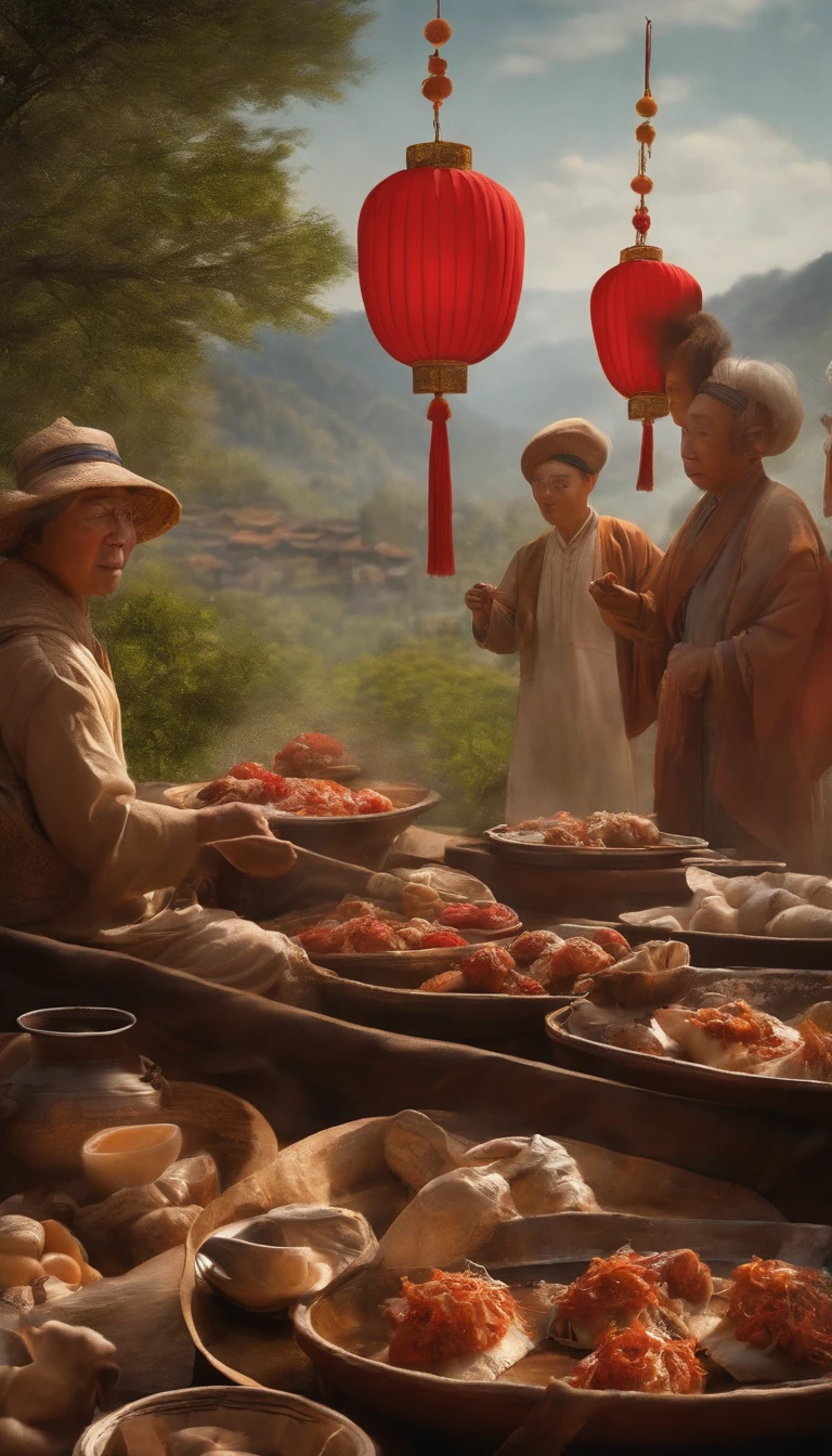 Family Reunion Dinner,Men honor their fathers with gifts in their hands, Happy family, There are dumplings on the table,Spring coupling in hand, Fuzi tea and red lanterns, Another bright moon in the sky,Blessing of the Confucius Temple,Cultura Qilu,atmosfera calorosa e alegre, digital illustation, poster illustration, cabrito, , digital illustrations , chinese style painting, , exciting illustration。