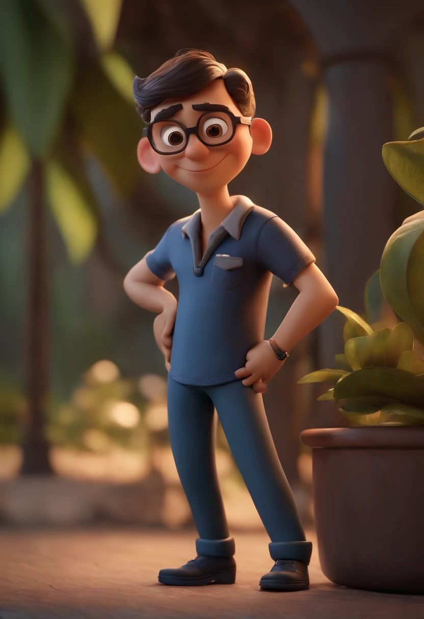 Cartoon character of a man wearing black glasses and a blue shirt, um personagem animado, Caractere estilizado, animation style rendering, 3D estilizado, Arnold Maya render, 3 d render stylized, toon render keyshot, Personagem 3D, Personagem 3D, 3d rendering stylized, 3 d character render, personagem de desenho animado, Personagem de close up, Pose de personagem, (Estilo Pixar) (master part:1.2) (Bokeh) (best quality) (pele detalhada) (textura detalhada) (8k) (argila) (Cinematic lighting) (foco nítido，Senta e vaza a parte superior do corpo