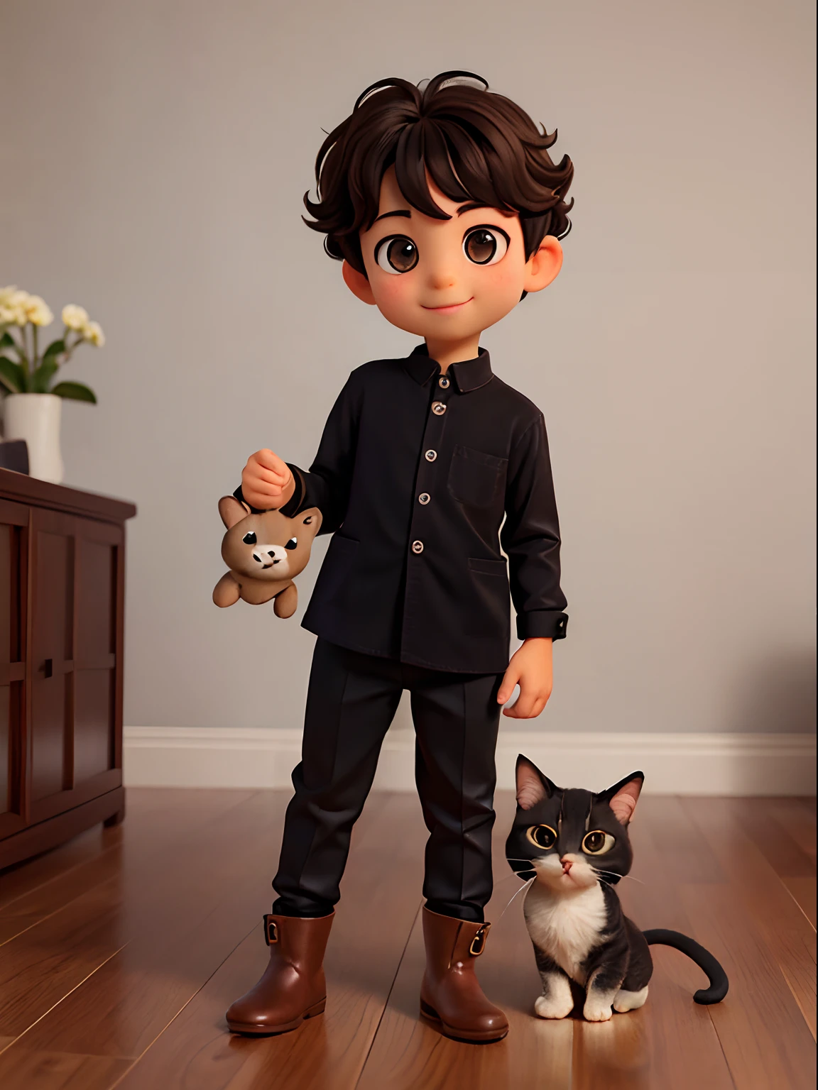 5 boy boy short curly hair brown eyes almond black smiling, dentes pequenos arredondado Camisa branca branca de manga comprida, Brown boot looking at camera with sweet and shiny look holding black and white kitten in arms