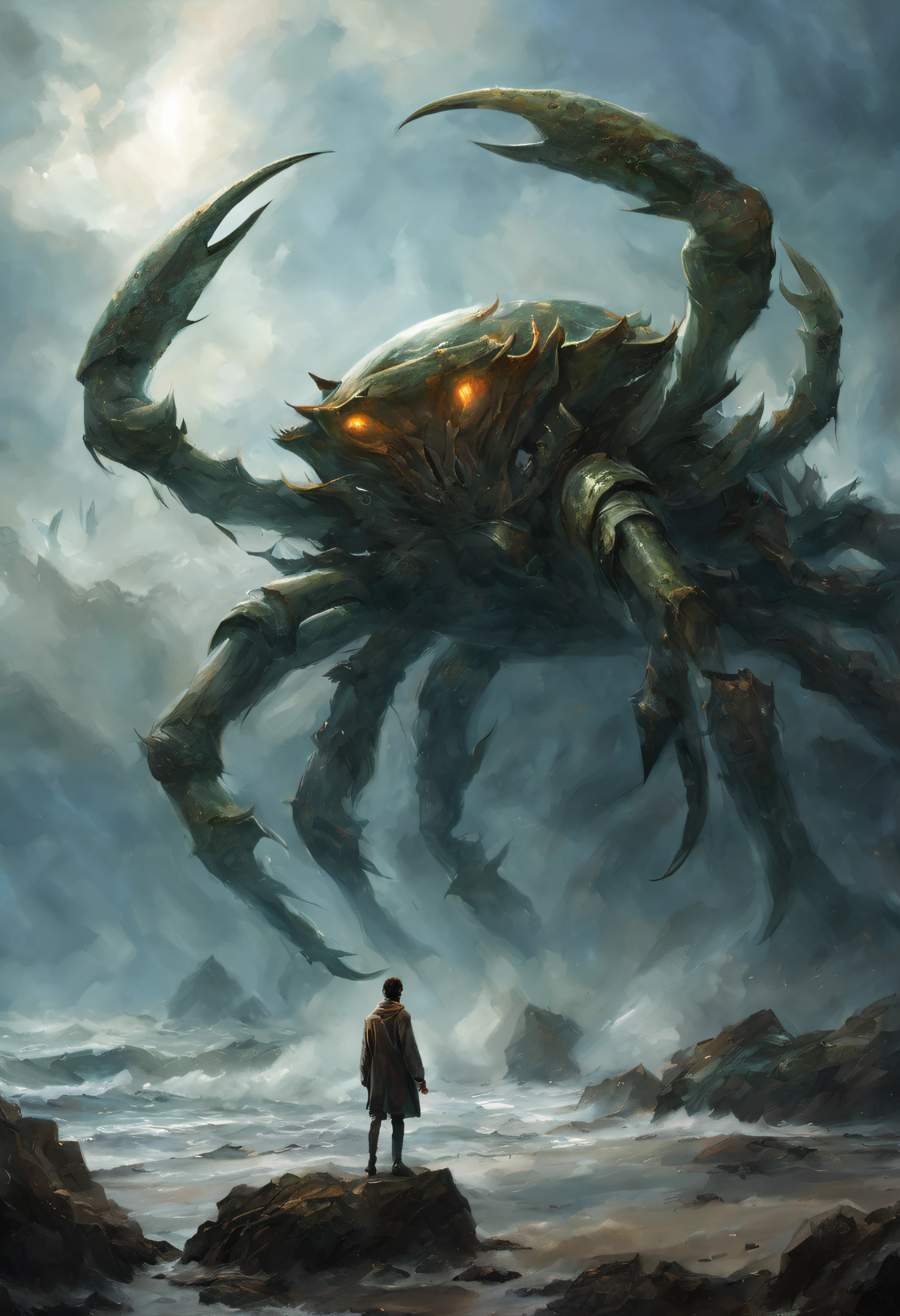 （A giant crab stands in the mist, Staring fiercely at a person asking for help），（a creature 5 meters tall:1.0），（Huge green eyes are unusually bright：1.37）（The thick legs of two giants stand on the reef） ，，（The shell of a giant crab is dark green），（goldtrim）, （Dark blue wide oval abdomen）, （Very hard and thick shell texture）， (There are a pair of large protruding compound eyes：0.8），（Unusually long and flexible antennae：1.1），（The length is about 1/3 The width of the crab's body：0.5） ，（There is a small pair of pliers on the top of the head），（Fresh fluff：0.8）， giant ethereal creature,The texture is clear， （The helpless pray for help：1.37），（People who ask for help：1.37），Background to Cancer Salvation Prayer：nebulous sky，（rough sea），（Greatwave），Recife，（salama：1.1）， 真实感，Epic，ultraclear，afterimage, Dutch angle, From below, Sony FE GM, Chiaroscuro, Blurry, hyper HD, Masterpiece, Textured skin, Super detail, High details, High quality, Award-Awarded, Best quality, A high resolution, 8K，Epic，sci-fy，Futuristic fantasy，cotw