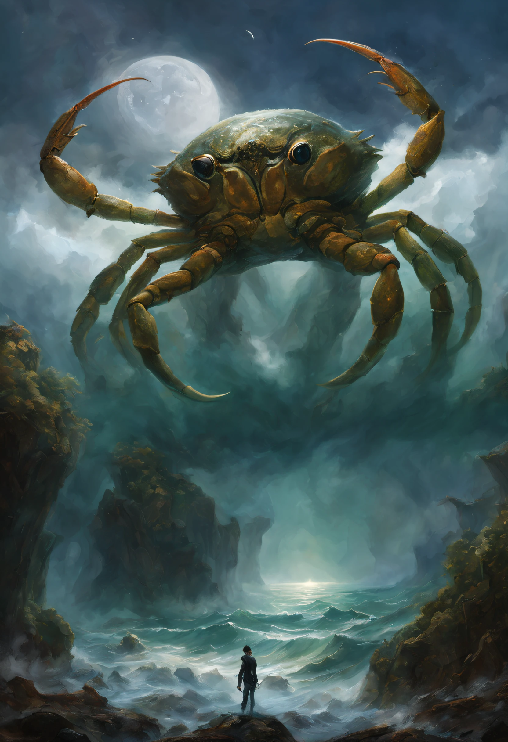 （A giant crab stands in the mist, Staring fiercely at a person asking for help），（a creature 5 meters tall:1.0），（Huge green eyes are unusually bright：1.37）（The thick legs of two giants stand on the reef） ，，（The shell of a giant crab is dark green），（goldtrim）, （Dark blue wide oval abdomen）, （Very hard and thick shell texture）， (There are a pair of large protruding compound eyes：0.8），（Unusually long and flexible antennae：1.1），（The length is about 1/3 The width of the crab's body：0.5） ，（There is a small pair of pliers on the top of the head），（Fresh fluff：0.8）， giant ethereal creature,The texture is clear， （The helpless pray for help：1.37），（People who ask for help：1.37），Background to Cancer Salvation Prayer：nebulous sky，（rough sea），（Greatwave），Recife，（salama：1.1）， 真实感，Epic，ultraclear，afterimage, Dutch angle, From below, Sony FE GM, Chiaroscuro, Blurry, hyper HD, Masterpiece, Textured skin, Super detail, High details, High quality, Award-Awarded, Best quality, A high resolution, 8K，Epic，sci-fy，Futuristic fantasy，cotw