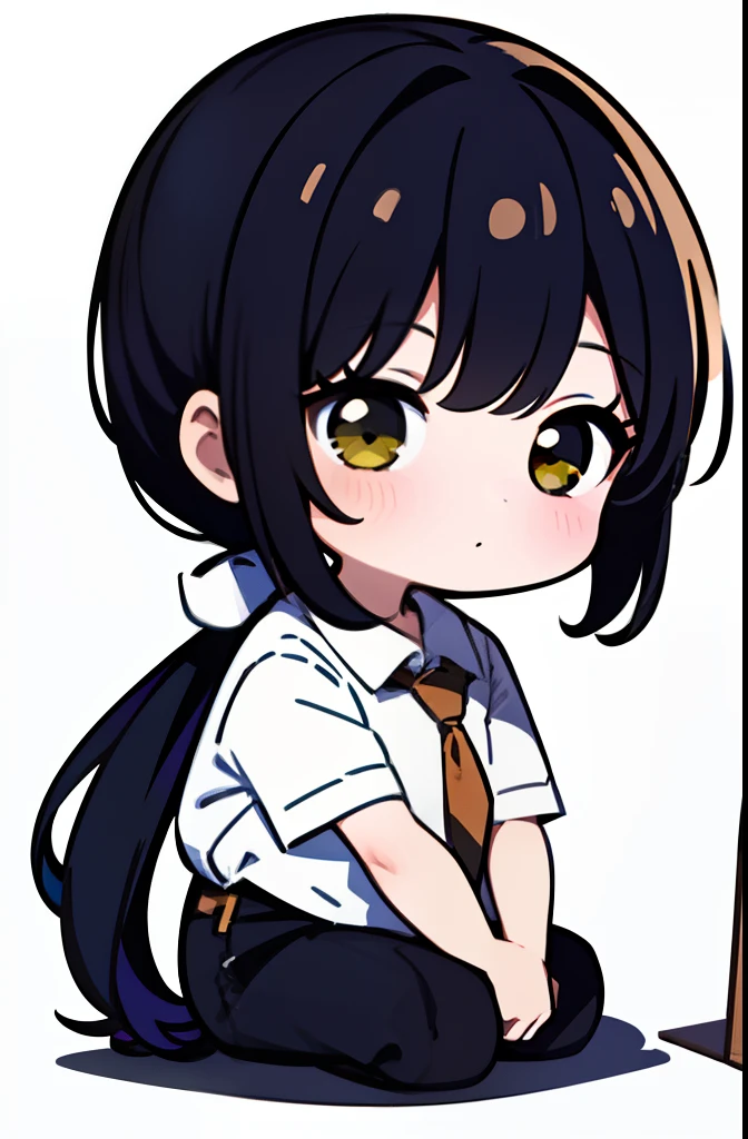 ((Best quality)), ((Masterpiece)),1 girl， animemanga girl，Q version characters，Infant body type，Very short in height，Black color hair，Tie a ponytail，White collared shirt，black long pants，Gentle expression，Thick lines，Plain white background，Side Body