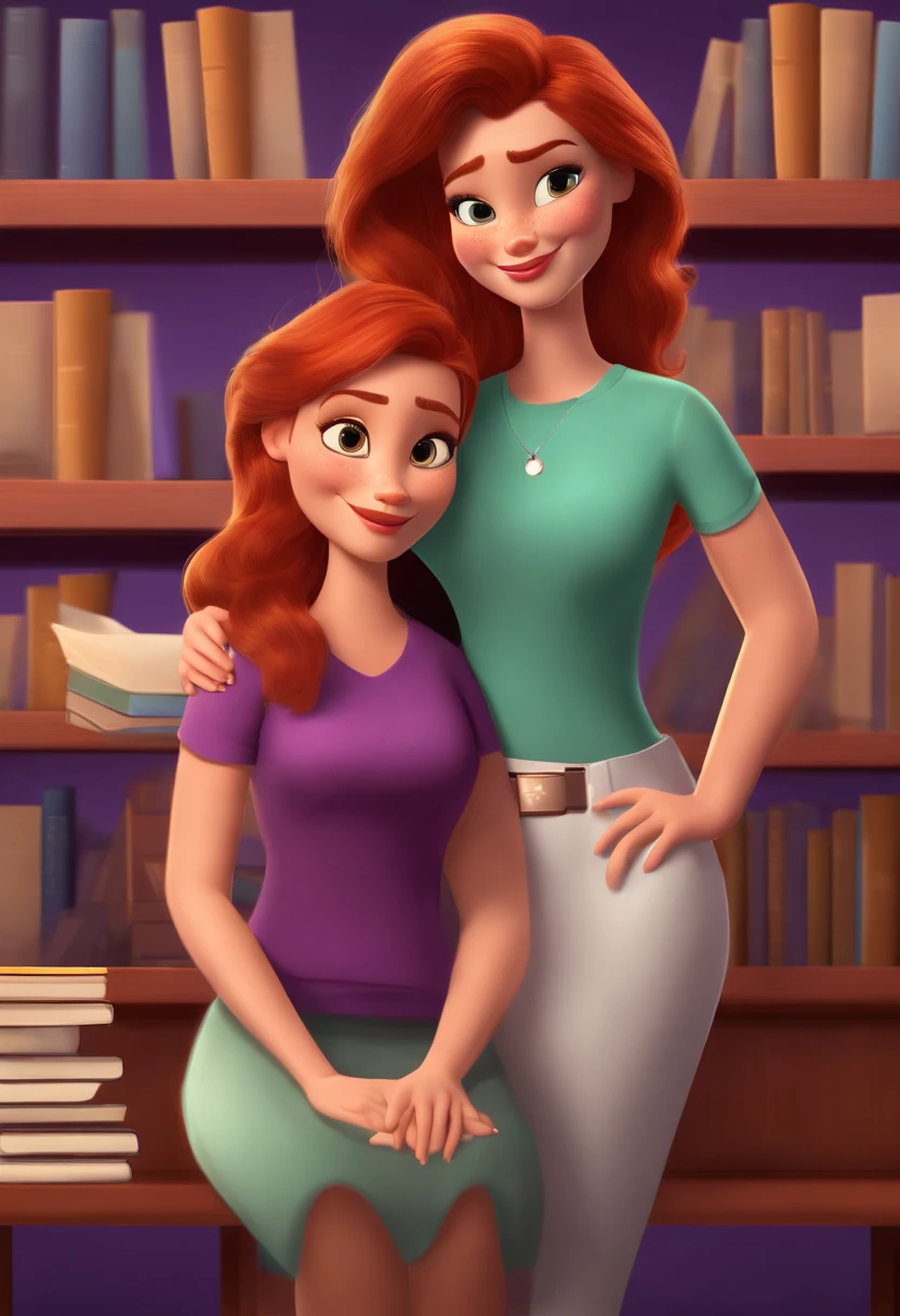 Pixar Woman , redhead hair , brown eyes, purple T-shirt , with another female working in a office with a bookshelf in the background