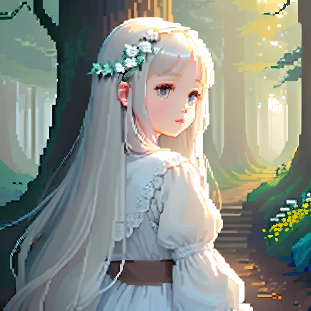 He was dressed in light clothes, Gothic white and pale light blue dull outfit、Girl with long hair of dull light cocoa color、Look back and look at this.、Pixel art、Pixel Art Illustration、pixels、Game style、Upper body、For icons、pixels_Art Book,Composition centered on the face、The background is in a beautiful forest