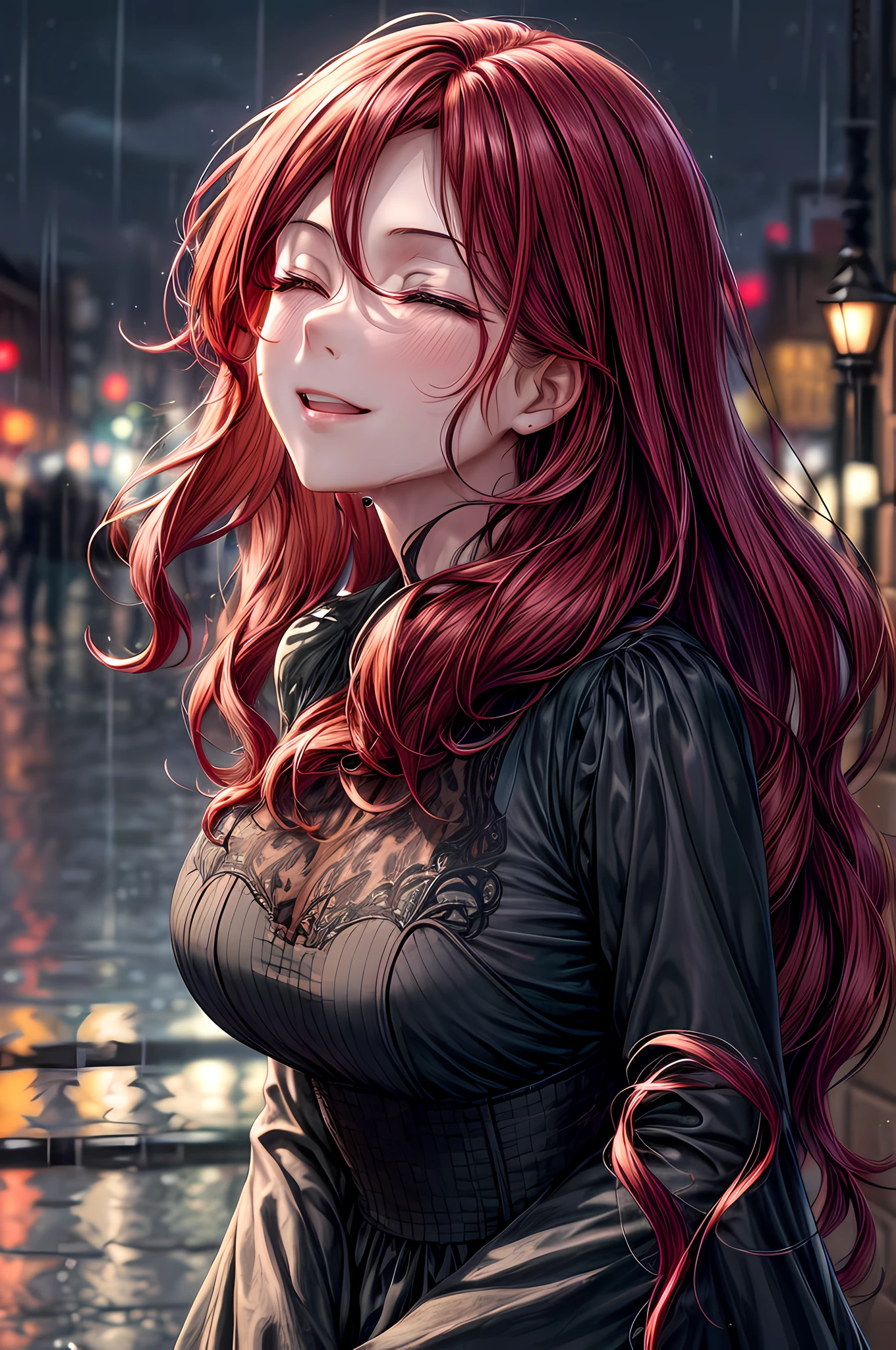 a close up picture of a woman's face looking towards the sky, as she looks up the rain drops fall on her face, a very beautiful woman, long hair, red hair, wavy hair, wet hair, closed eyes, she wears an elegant, intricate dress, there is a sense of joy on her face, an urban street at night. cloudy night,