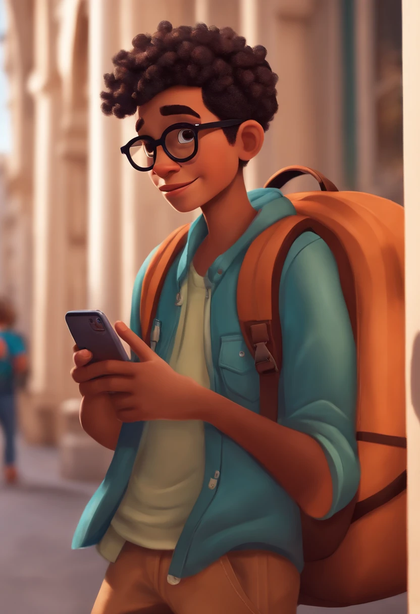 Image of a boy for a story in a YouTube video in Pixar format, extrovertido, sorridente, cabelo raspado preto, olhos castanhos, magro, Wearing round glasses and backpack and cell phone in hand