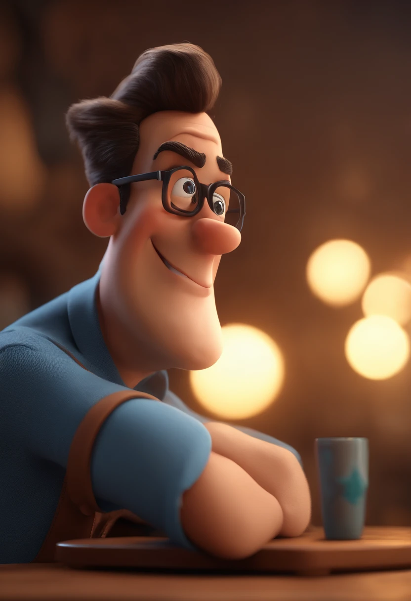 Cartoon character of a man with black glasses and a blue shirt, animation character, Caractere estilizado, animation style rendering, 3D estilizado, Arnold Maya render, 3 d render stylized, toon render keyshot, Personagem 3D, Personagem 3D, 3d rendering stylized, 3 d character render, personagem de desenho animado, Personagem de close up, Pose de personagem,  (Estilo Pixar) (master part:1.2) (Bokeh) (best quality) (pele detalhada) (textura detalhada) (8k) (argila) (Cinematic lighting) (foco nítido