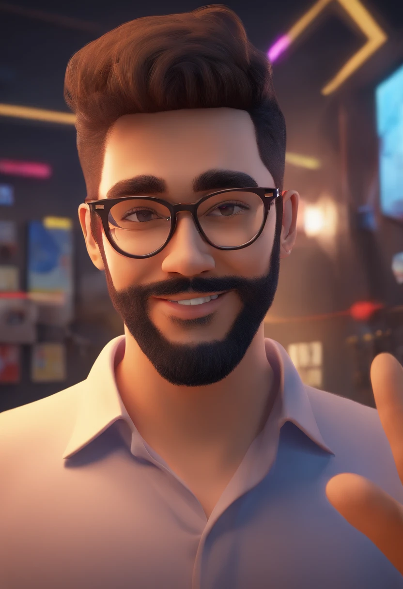 there is a man with glasses and a beard wearing a black shirt, with glasses and goatee, with nerdy glasses and goatee, david rios ferreira, Retrato NFT, Foto selfie 8k, Streamer do Twitch / Jogador Ludwig, com nerd! glasses! e cavanhaque, icaro carvalho, Retrato tirado 8 K, com uma barba pequena, 8k portrait render