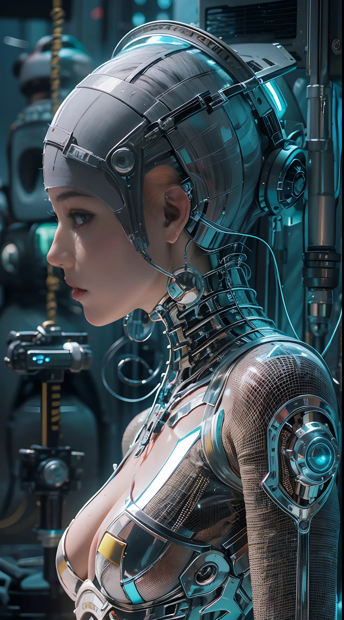 Grandes tetas cameltoe tetas grandesCalidad superior, Obra maestra, ultrahigh resolution, ((fotorrealista: 1.4), Foto rAW, 1 chica cyberpunk, piel brillante, 1 mechanical girl, (Detalles ultra realistas)), mechanical limbs, Tubes connected to mechanical parts, Mechanical vertebrae attached to the spine, mechanical cervical attachment to the neck, alambres y cables que se conectan a la cabeza, Evangelion, Ghost in the shell, small bright LED lamps, global ilumination, Sombras profundas, renderizado de octanaje, 8k, ultra sharp, Metal, Intrincados detalles ornamentales, Detalles barrocos, Detalles muy intrincados, Luz realista, CGSoation tendencia, in front of camera, neon details, (Android factory in the background), arte por H.r. Giger y Alphonse Mucha. Full body