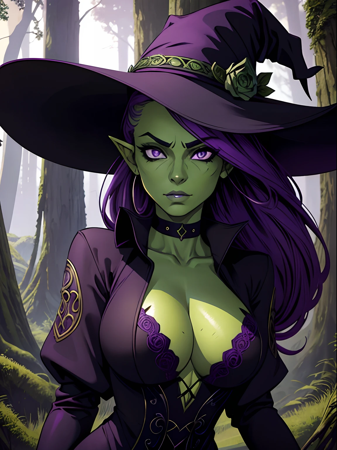 (masterpiece), best quality, expressive eyes, perfect face, digital artwork in the art style of Patric Reynolds and Kieron Gillen and Renato Camillo, Ethereal, A gorgeous goblin woman, (green skin:1.2), purple hair, purple eyes, black dress, deep cleavage, black Witch hat, smug, forest, highly detailed, intricately detailed, slim waist, hyperdetailed face,