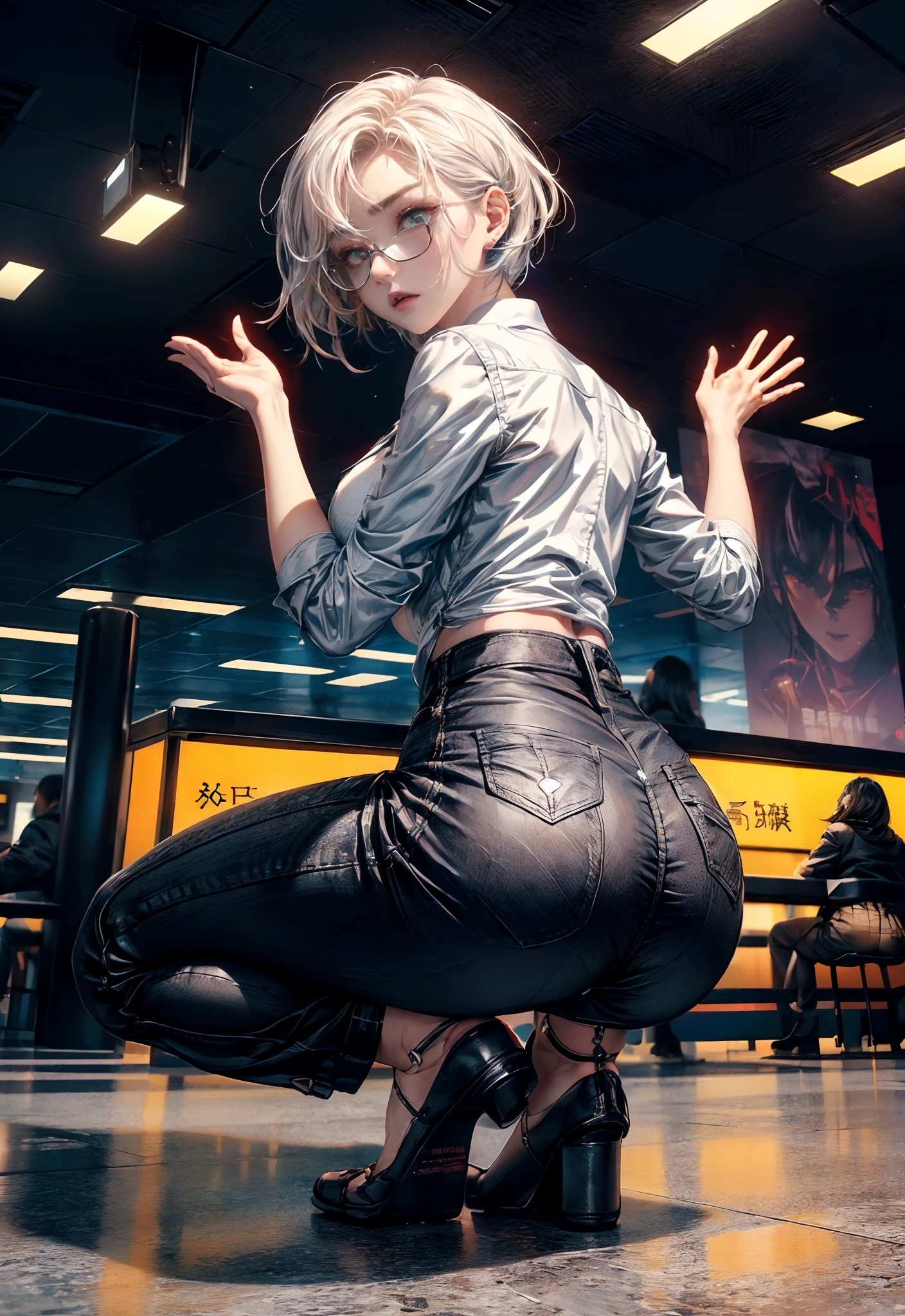 Cinematic lighting,super detailed skin、Beautiful detailed eyes、Best Quality,cyberpunked,(Alternative、dim colors, Soothing tones:1.3),NSFW(1beautiful woman、Detailed beautiful facial features:1.3)（black hair shorthair、eye glass:1.2）(well-shaped breasts、White shirt、Black slacks、Black Office Lady Jacket、Ripped clothes:1.2).(Looks Back、crouching down、Raise your hand up:1.5)（firearm）（Dynamism:1.4）airport、natta。jpn