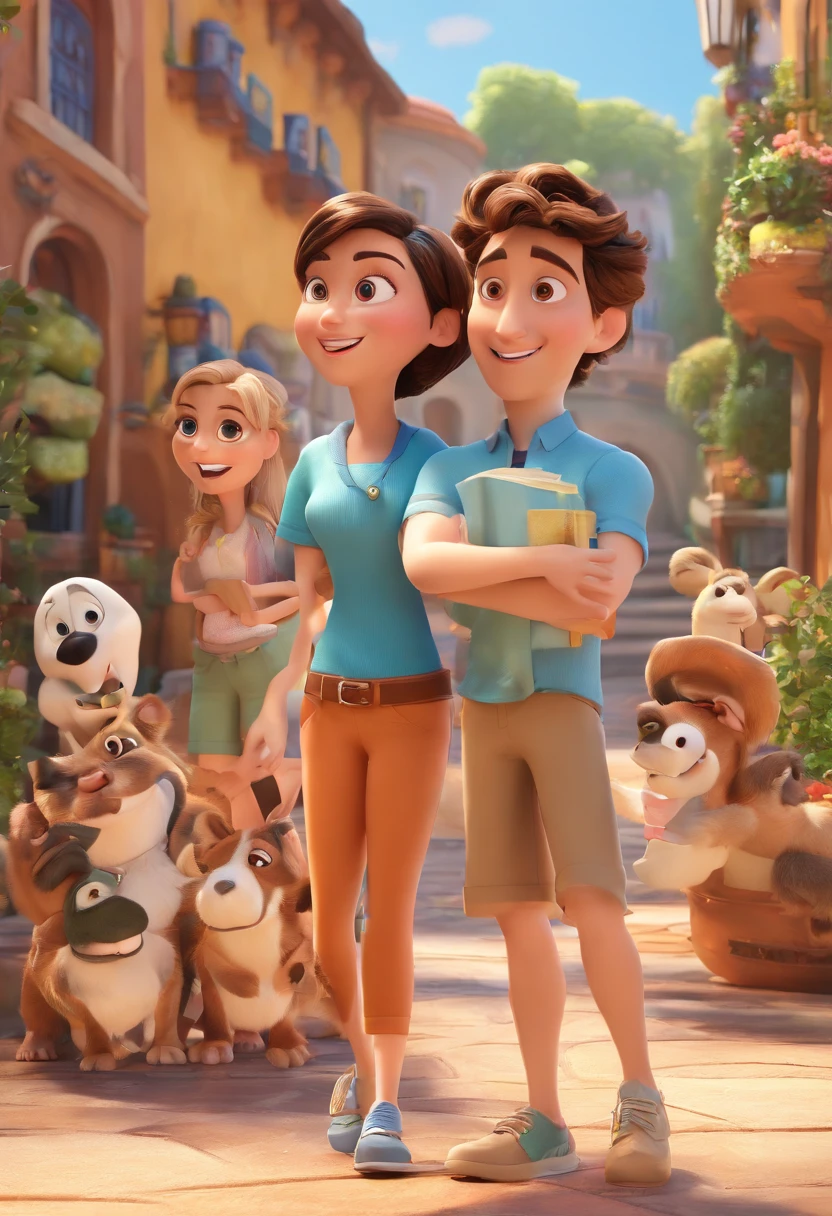 Cartoon of friends having fun on vacation together,  3D Animation Movie Poster, Poster de filme animado, pixar 3 d animation style, pixar renderman rendering, maia 8 mil, animated film, Disney Pixar Estilo 3D, amigos felizes saem juntos, all wearing light blue shirts and cream brown long pants, camisa azul clara, cream brown pants, ao ar livre, vacation, Disney Pixar Animation Poster
