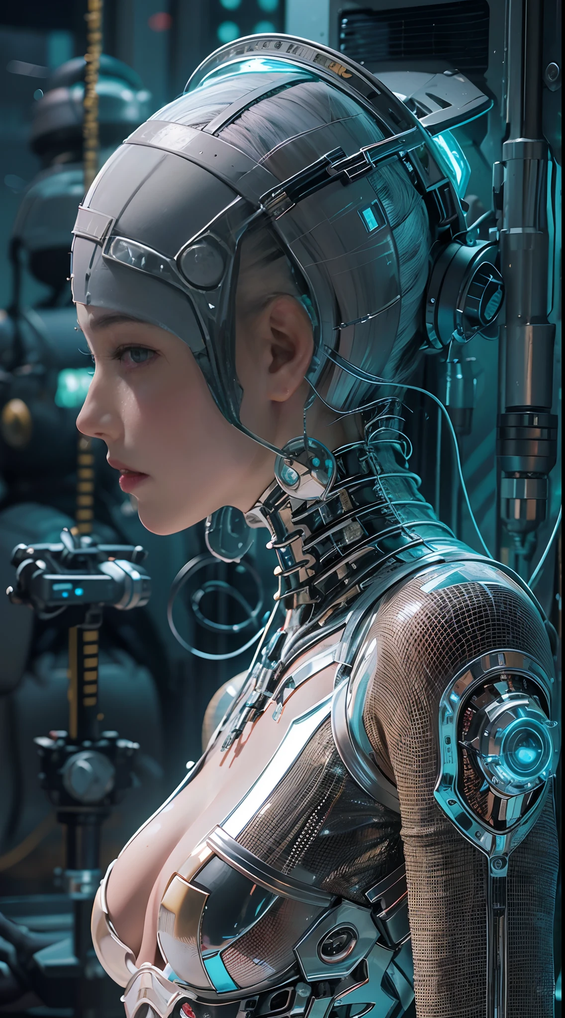 Grandes tetas cameltoe tetas grandesCalidad superior, Obra maestra, ultrahigh resolution, ((fotorrealista: 1.4), Foto rAW, 1 chica cyberpunk, piel brillante, 1 mechanical girl, (Detalles ultra realistas)), mechanical limbs, Tubes connected to mechanical parts, Mechanical vertebrae attached to the spine, mechanical cervical attachment to the neck, alambres y cables que se conectan a la cabeza, Evangelion, Ghost in the shell, small bright LED lamps, global ilumination, Sombras profundas, renderizado de octanaje, 8k, ultra sharp, Metal, Intrincados detalles ornamentales, Detalles barrocos, Detalles muy intrincados, Luz realista, CGSoation tendencia, in front of camera, neon details, (Android factory in the background), arte por H.r. Giger y Alphonse Mucha. Full body