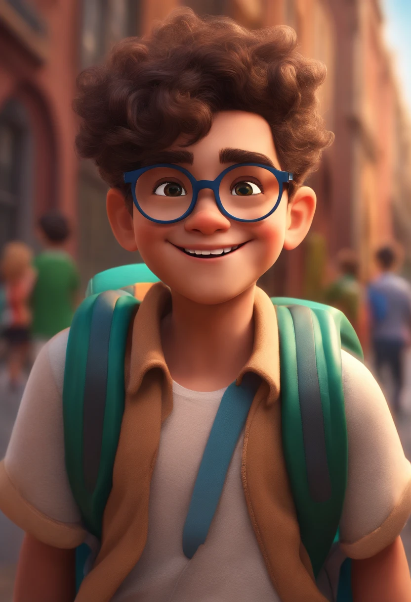Image of a boy for a story in a YouTube video in Pixar format, extrovertido, sorridente, cabelo raspado, olhos castanhos, magro, Wearing round glasses and backpack and cell phone in hand