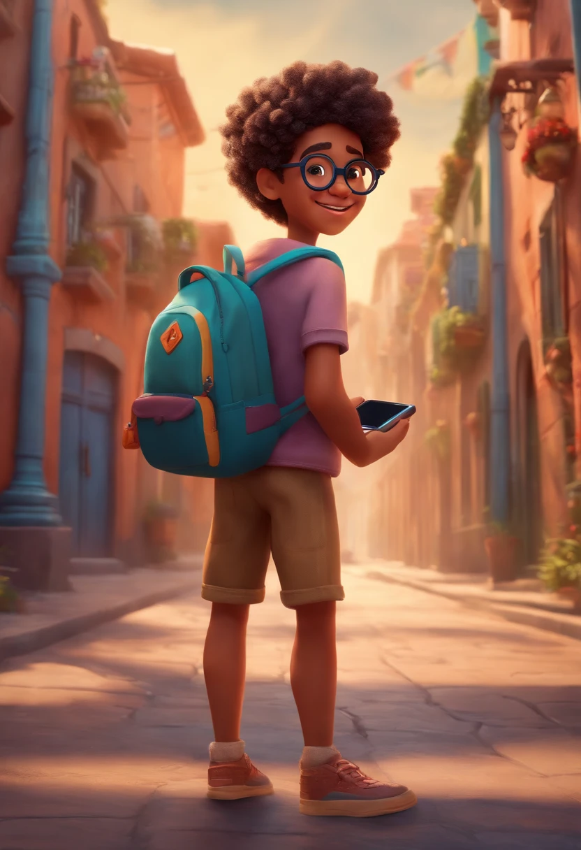 Image of a boy for a story in a YouTube video in Pixar format, extrovertido, sorridente, cabelo raspado, olhos castanhos, magro, Wearing round glasses and backpack and cell phone in hand