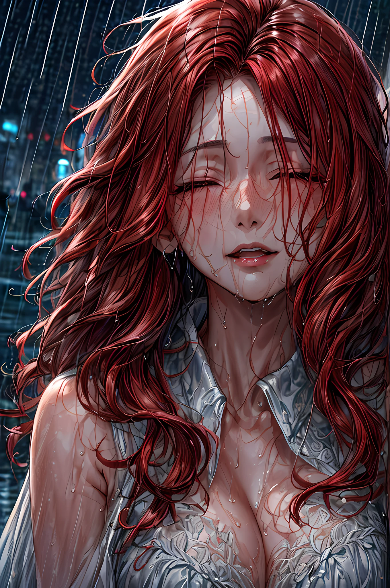 a close up picture of a woman's face looking towards the sky, as she looks up the rain drops fall on her face, a very beautiful woman, long hair, red hair, wavy hair, wet hair, closed eyes, she wears an elegant, intricate dress, there is a sense of joy on her face, an urban street at night. cloudy night,